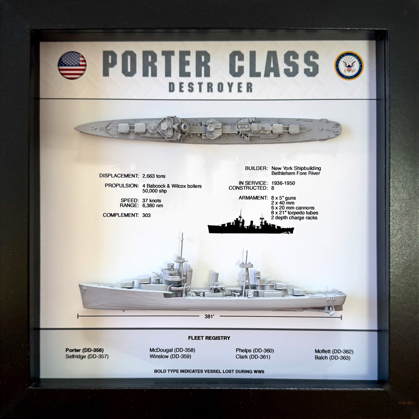 Porter Class Destroyer Memorial Display Shadow Box, WW2, 9" x 9"