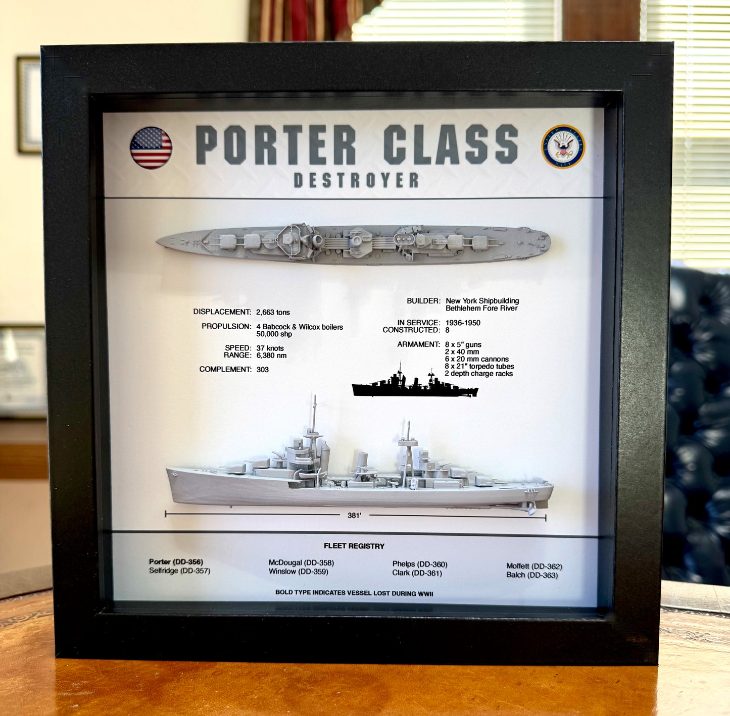 Porter Class Destroyer Memorial Display Shadow Box, WW2, 9" x 9"