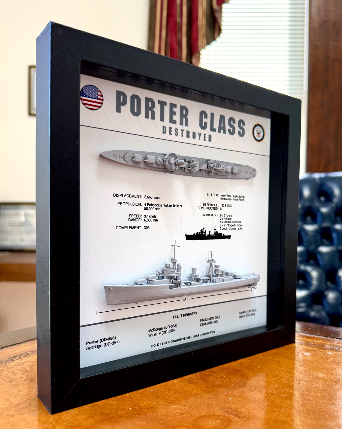 Porter Class Destroyer Memorial Display Shadow Box, WW2, 9" x 9"