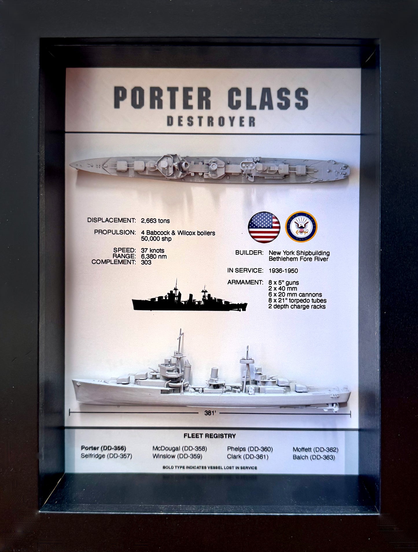 Porter Class Destroyer Memorial Display Shadow Box, WW2, 6" x 8"