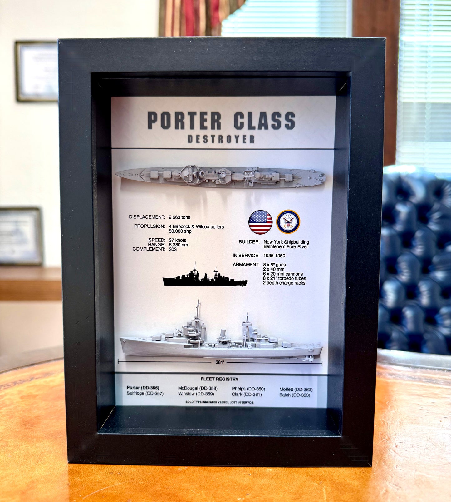 Porter Class Destroyer Memorial Display Shadow Box, WW2, 6" x 8"