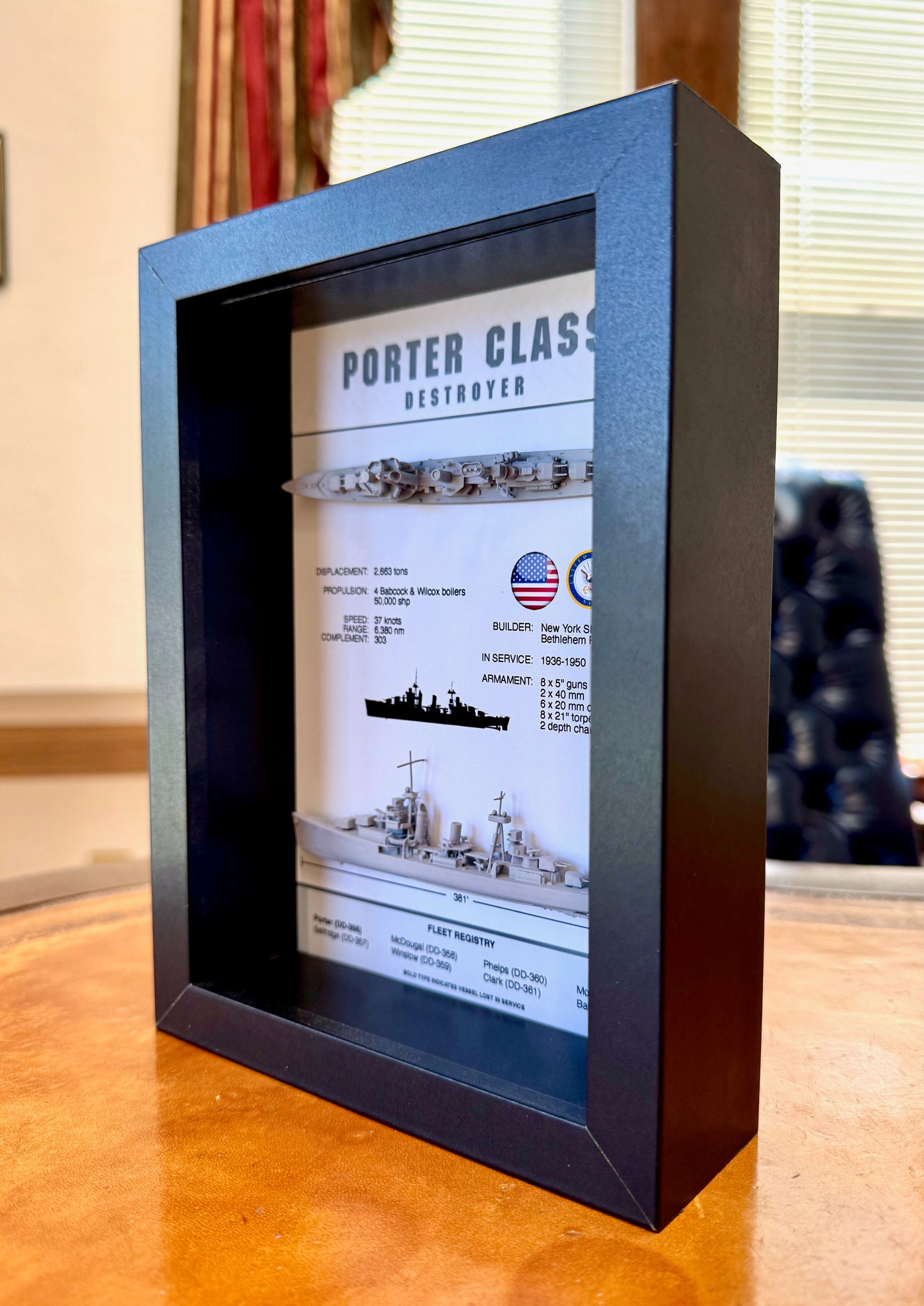 Porter Class Destroyer Memorial Display Shadow Box, WW2, 6" x 8"
