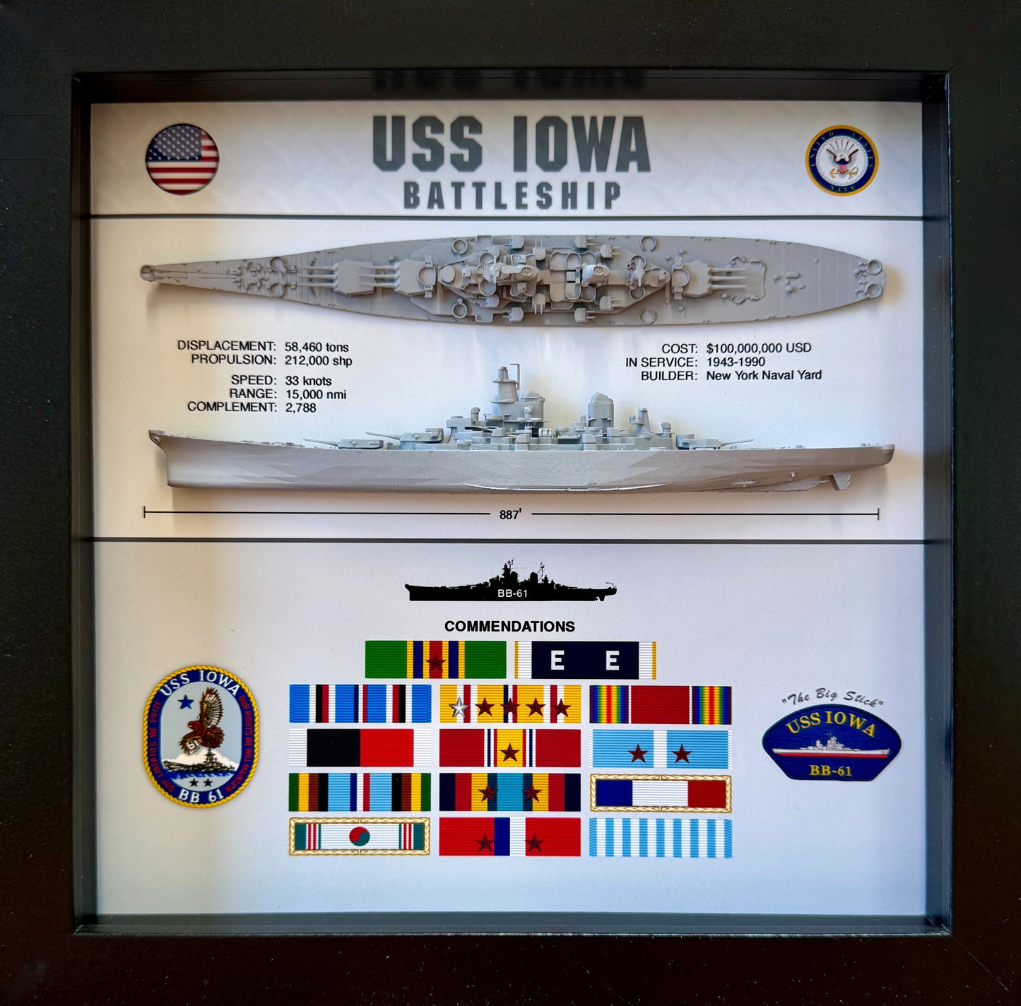 USS Iowa Battleship Display Shadow Box, BB-61, Iowa Class