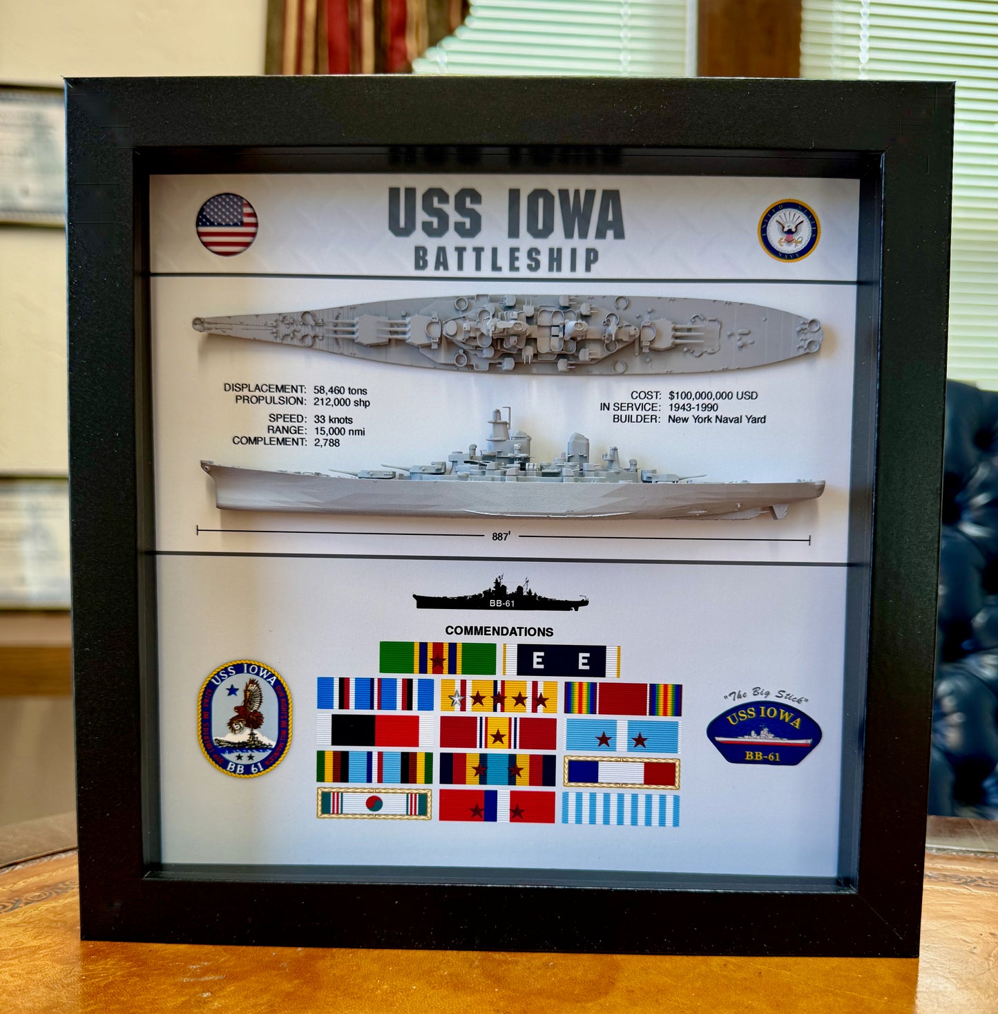 USS Iowa Battleship Display Shadow Box, BB-61, Iowa Class