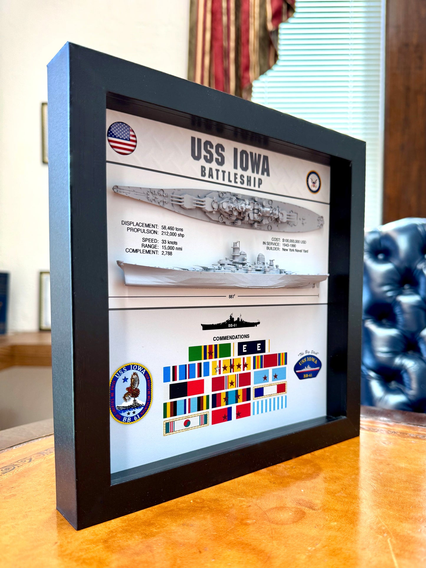 USS Iowa Battleship Display Shadow Box, BB-61, Iowa Class