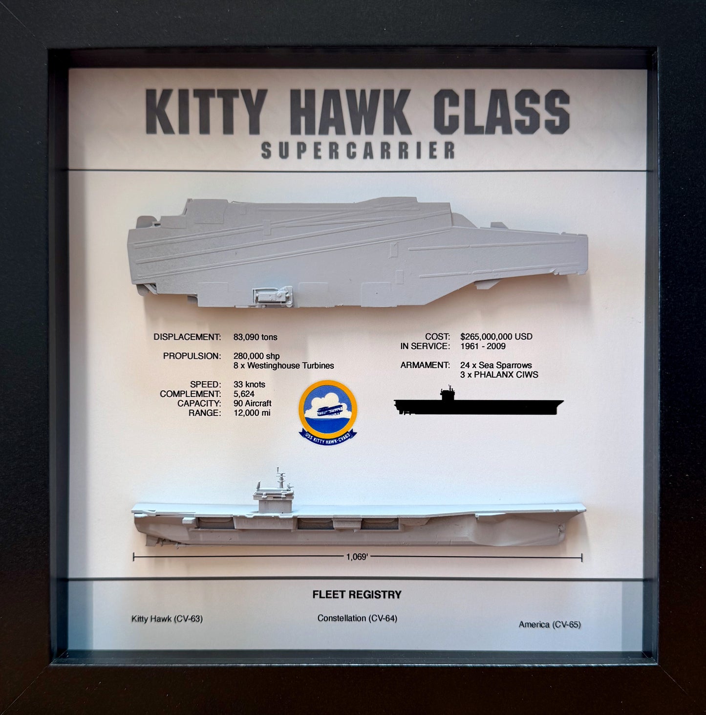 Kitty Hawk Class Carrier Display Shadow Box, CV-63, 9" x 9"