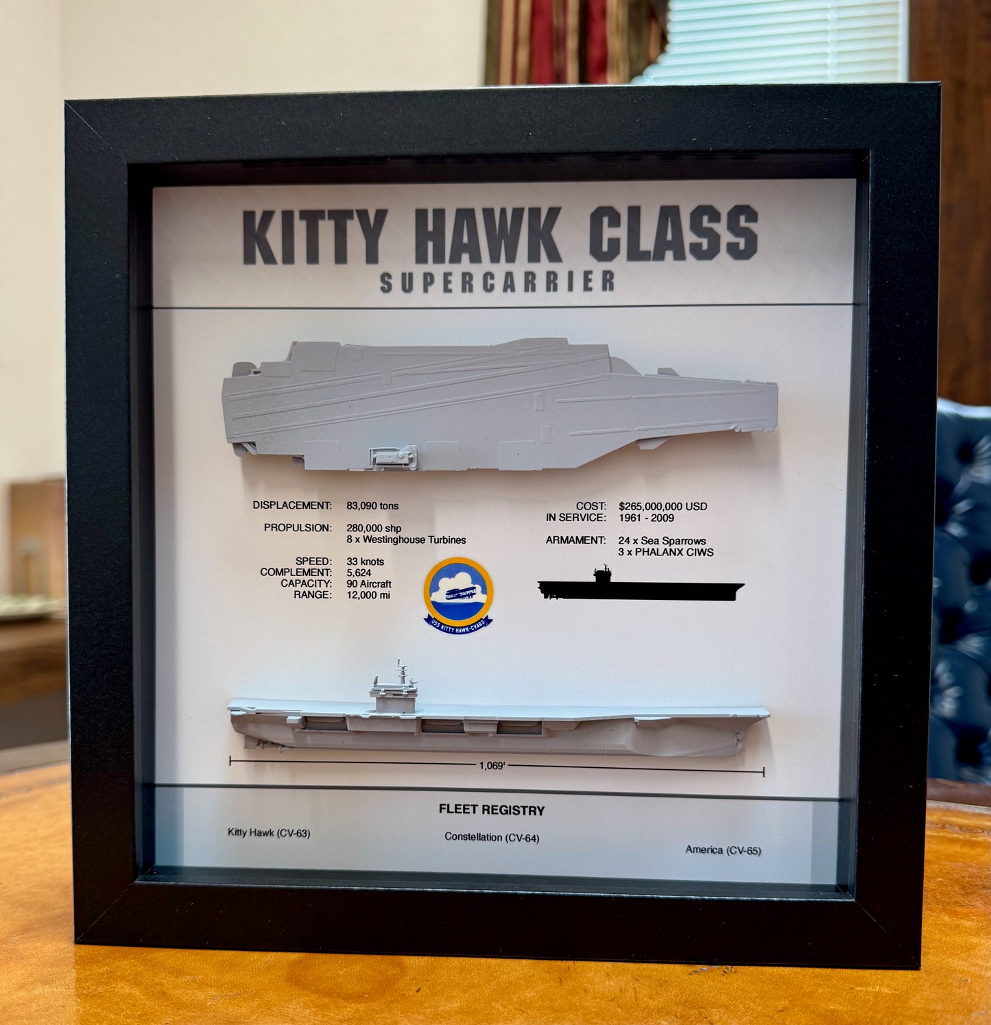 Kitty Hawk Class Carrier Display Shadow Box, CV-63, 9" x 9"