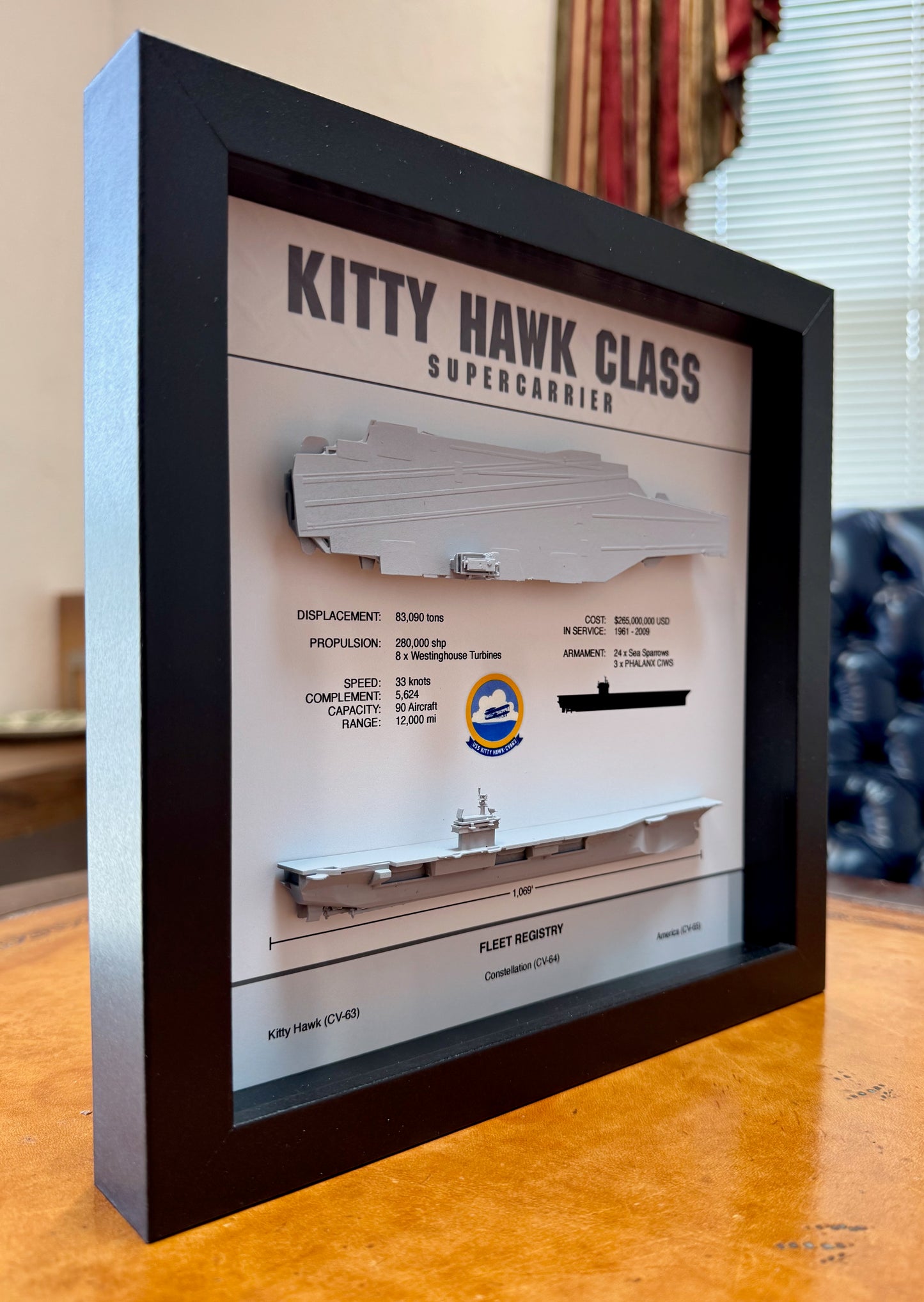 Kitty Hawk Class Carrier Display Shadow Box, CV-63, 9" x 9"