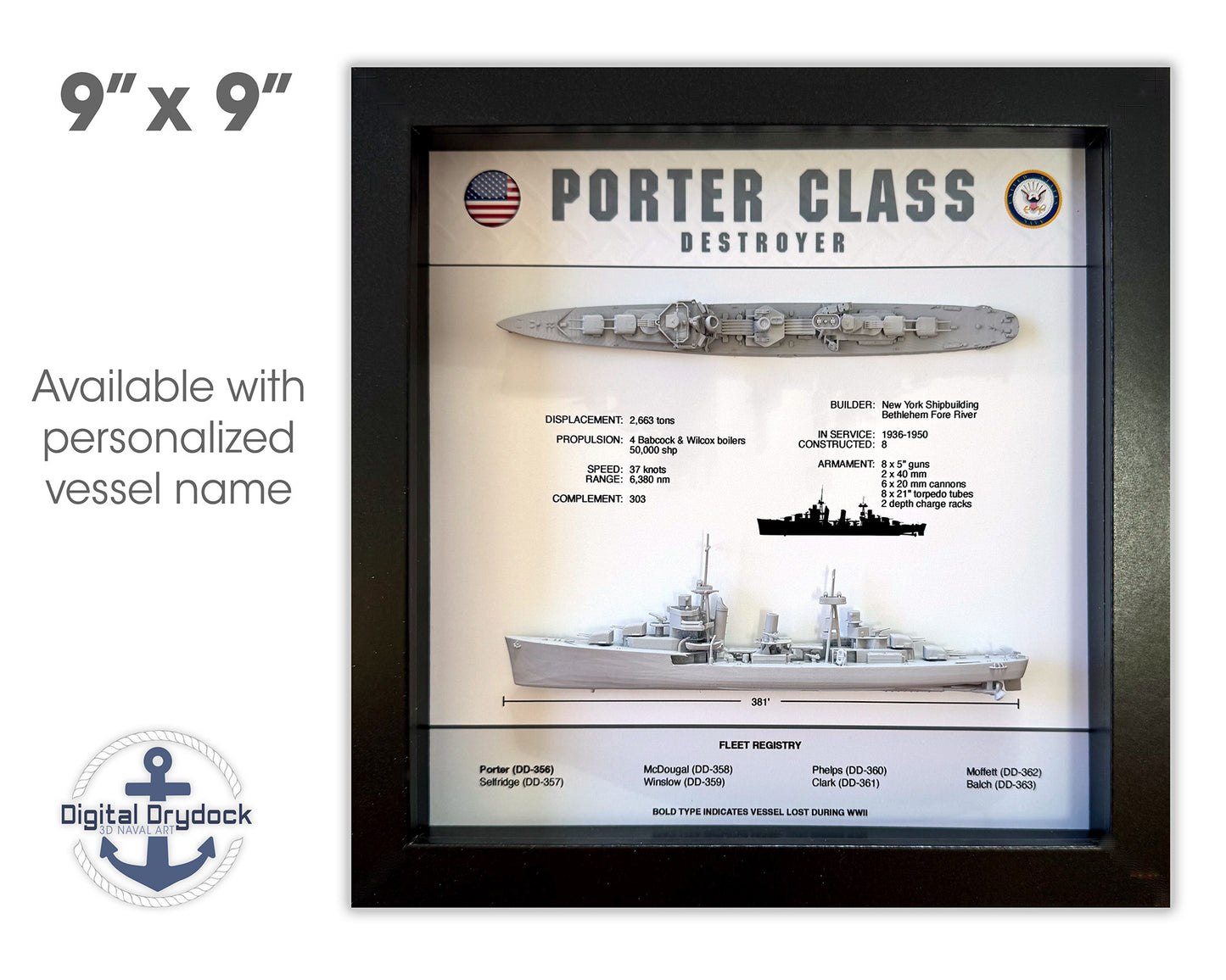 Porter Class Destroyer Memorial Display Shadow Box, WW2, 9" x 9"