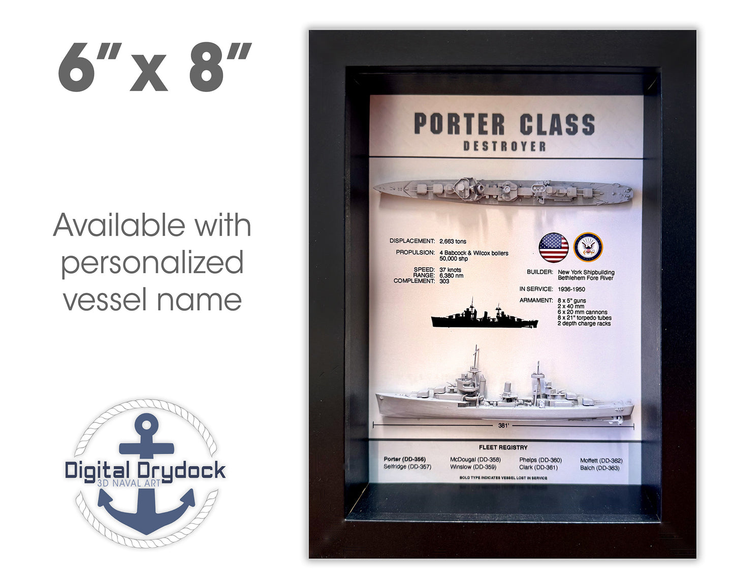 Porter Class Destroyer Memorial Display Shadow Box, WW2, 6" x 8"
