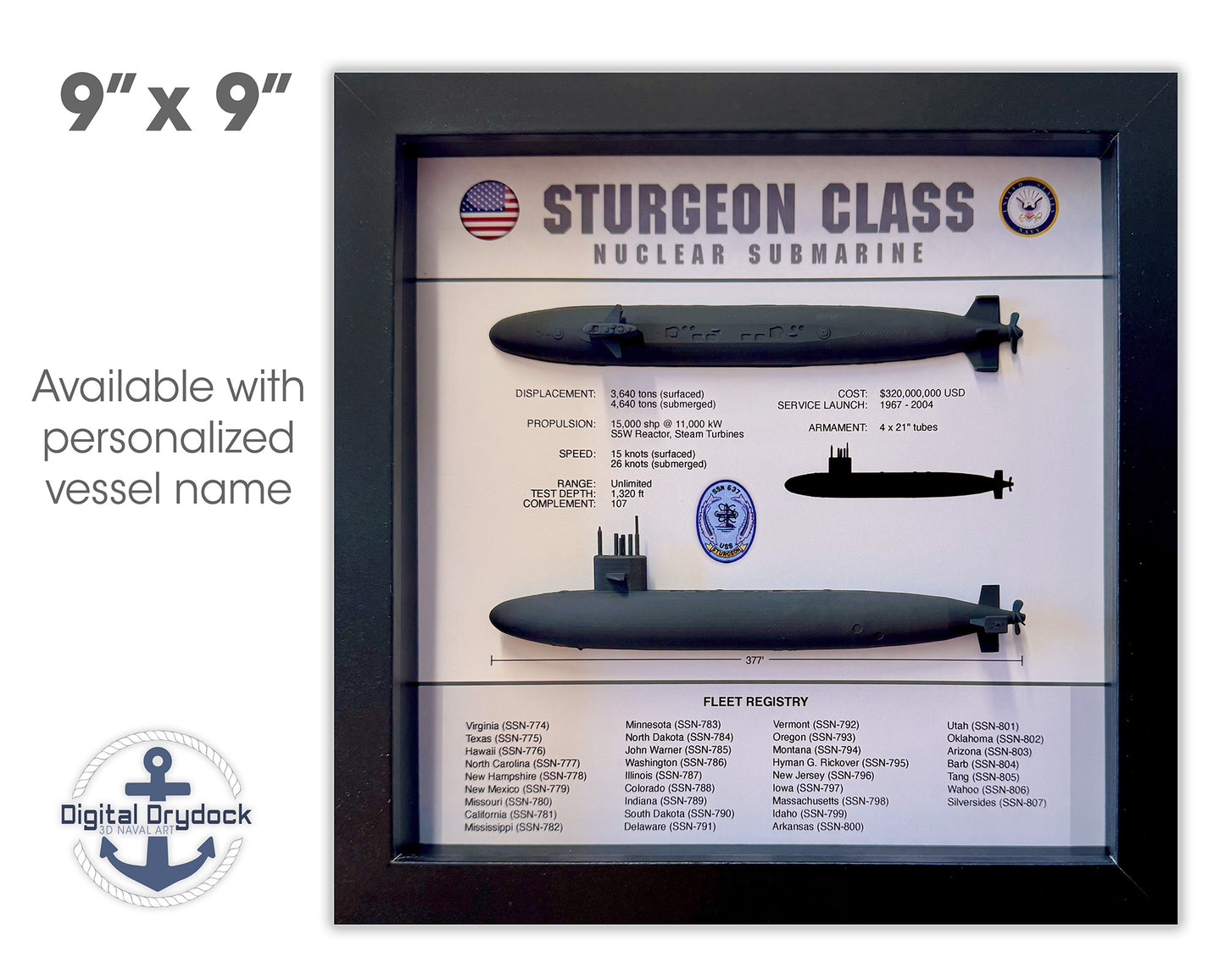 Sturgeon Class Submarine Memorial Display Shadow Box, 9" x 9", Large, Black
