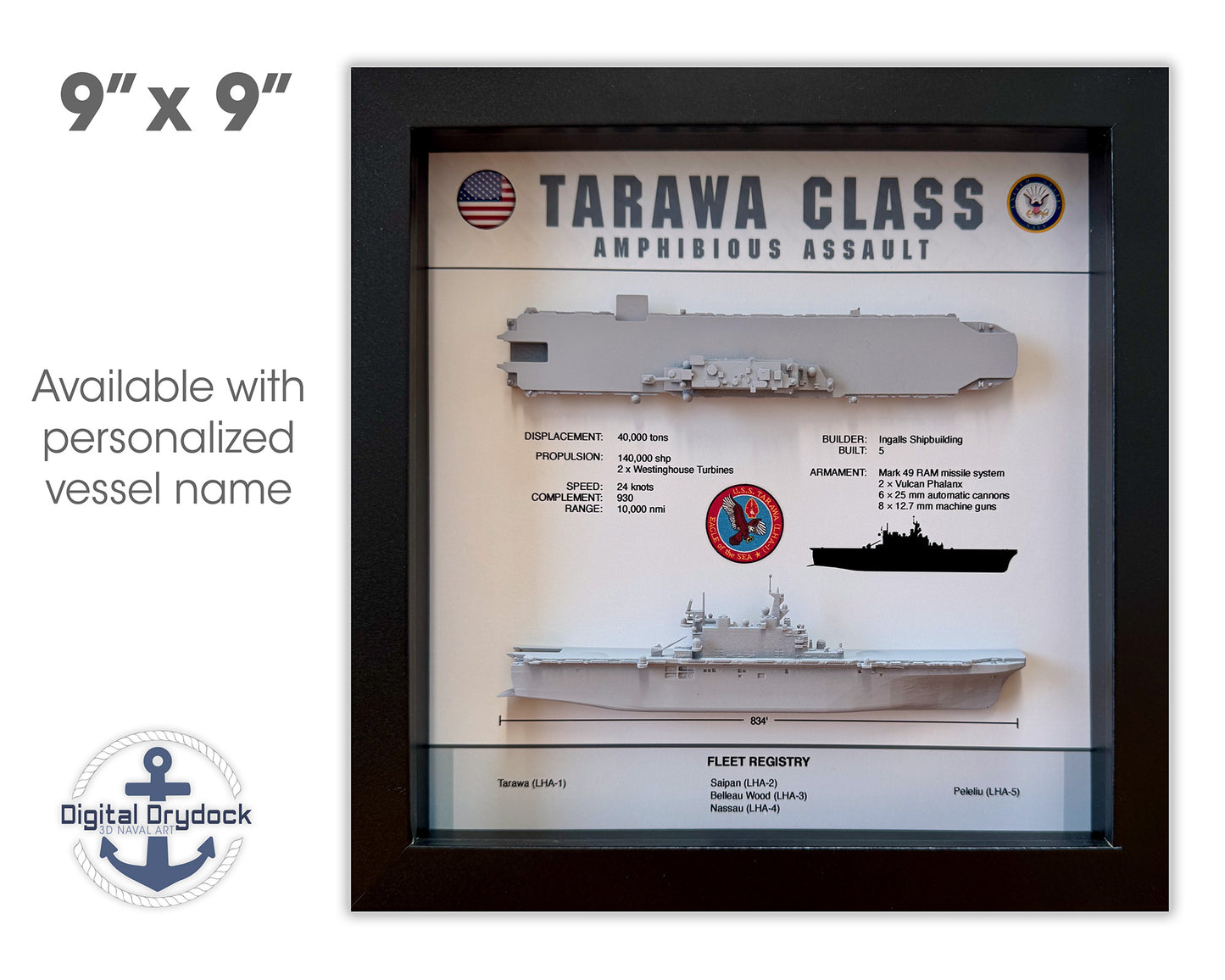 Tarawa Class Amphibious Assault Vessel, Memorial Display Shadow Box, 9" x 9"