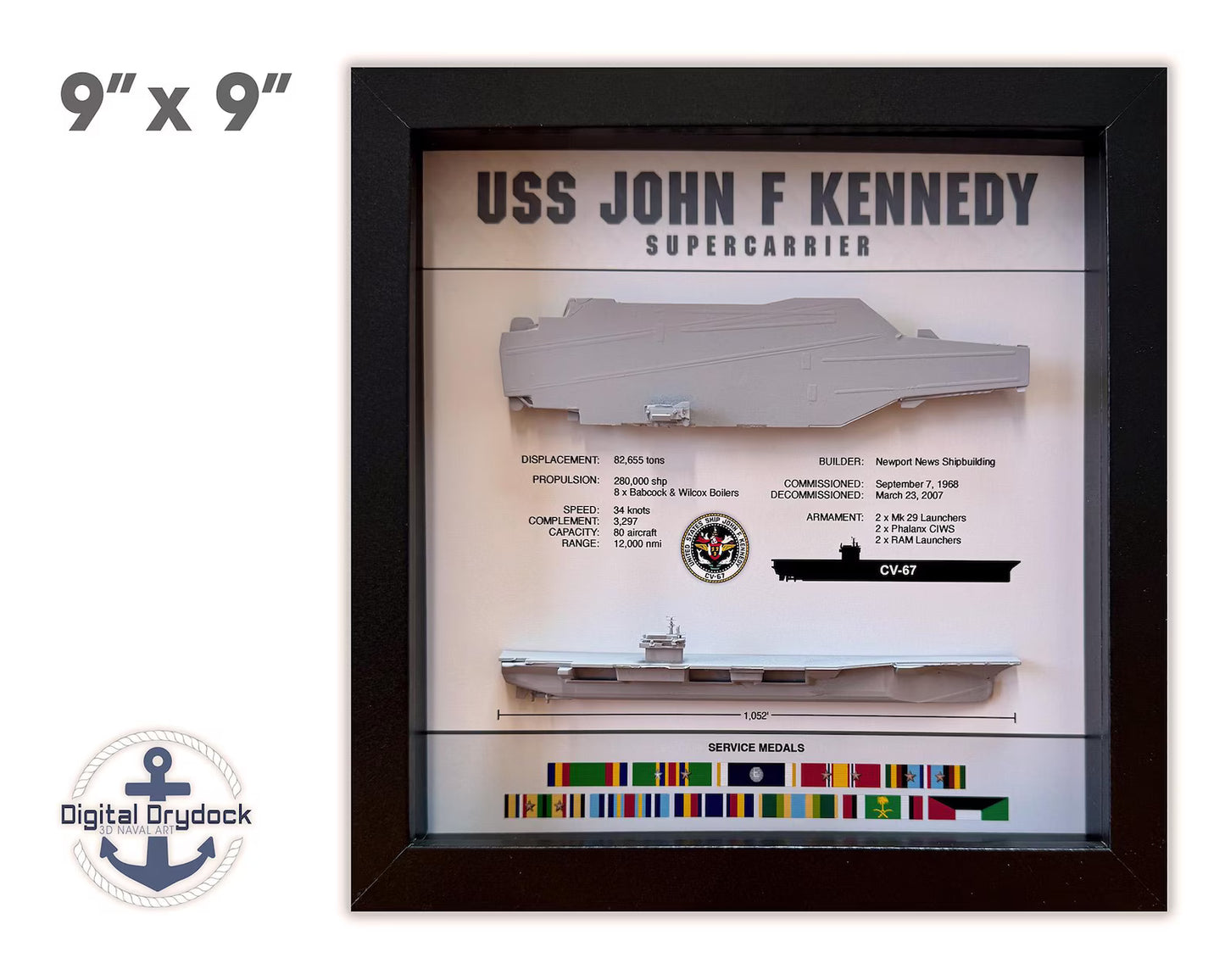USS John F Kennedy, CV-67, CVA-67, 9" x 9"