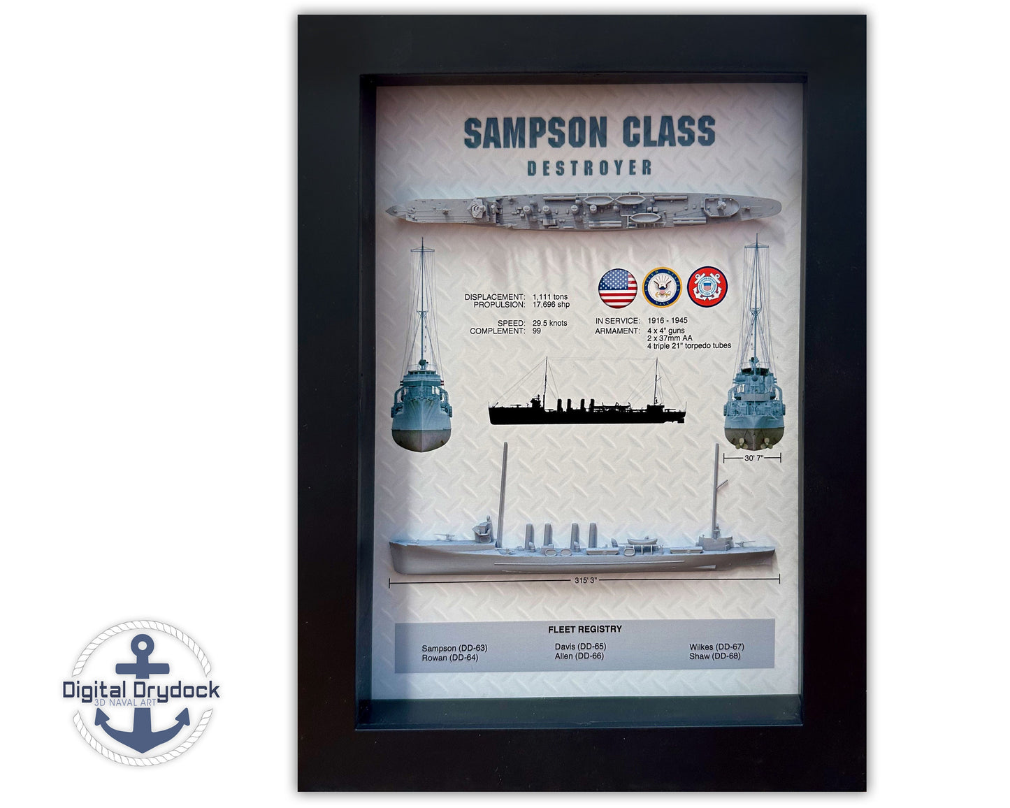 Sampson Class Destroyer Memorial Display Shadow Box, WW1, 6" x 8", Black