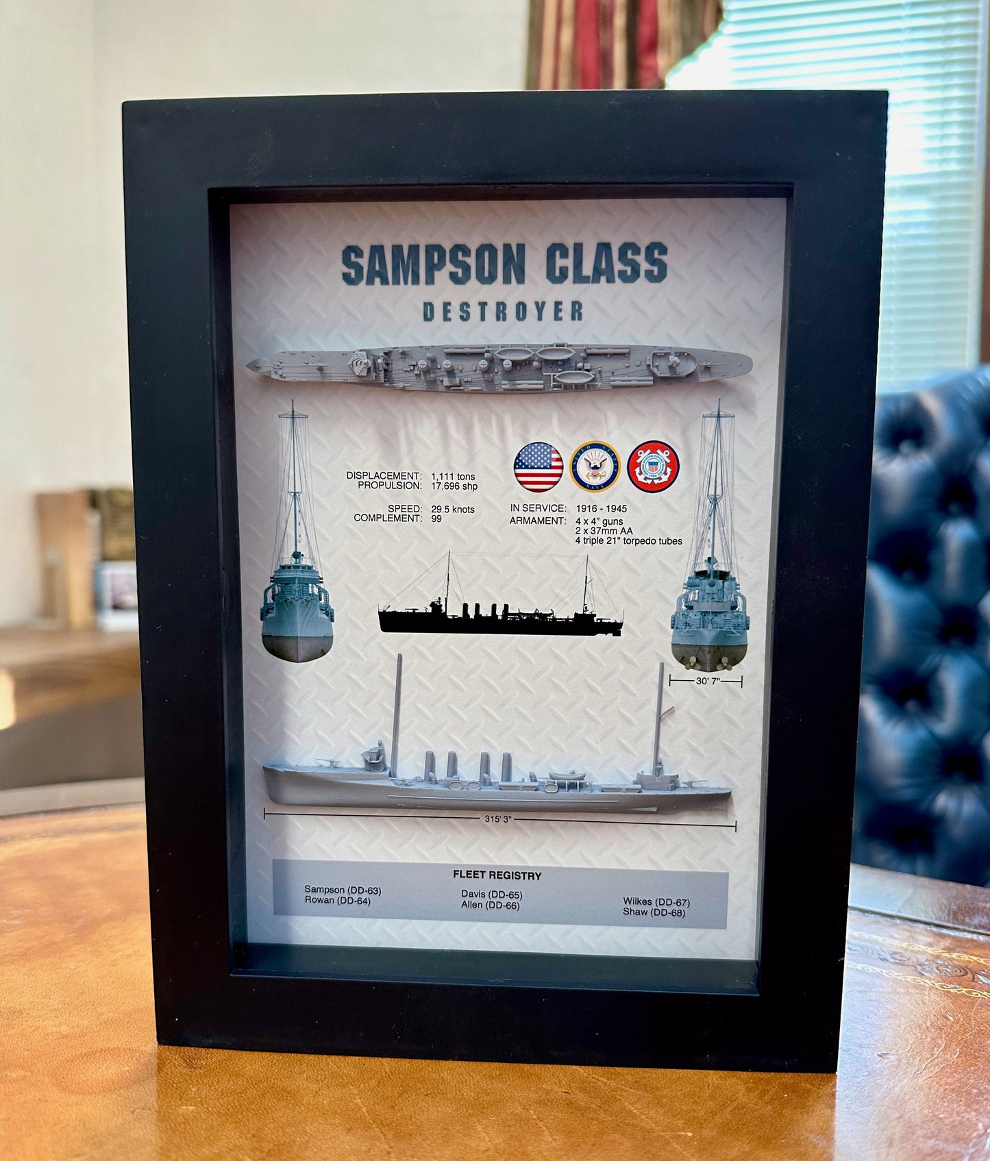 Sampson Class Destroyer Memorial Display Shadow Box, WW1, 6" x 8", Black