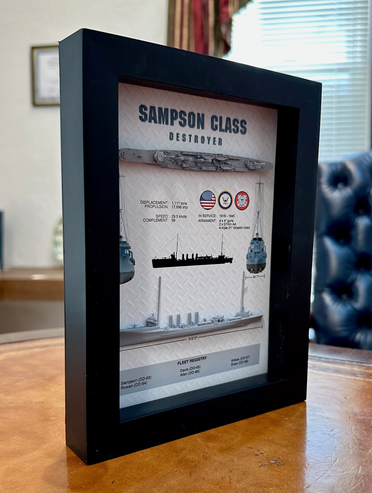 Sampson Class Destroyer Memorial Display Shadow Box, WW1, 6" x 8", Black