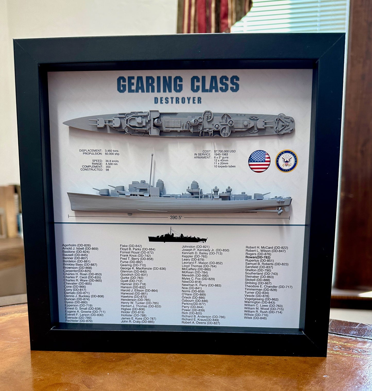 Gearing Class Destroyer Memorial Display Shadow Box, WW2, 9" x 9", Black