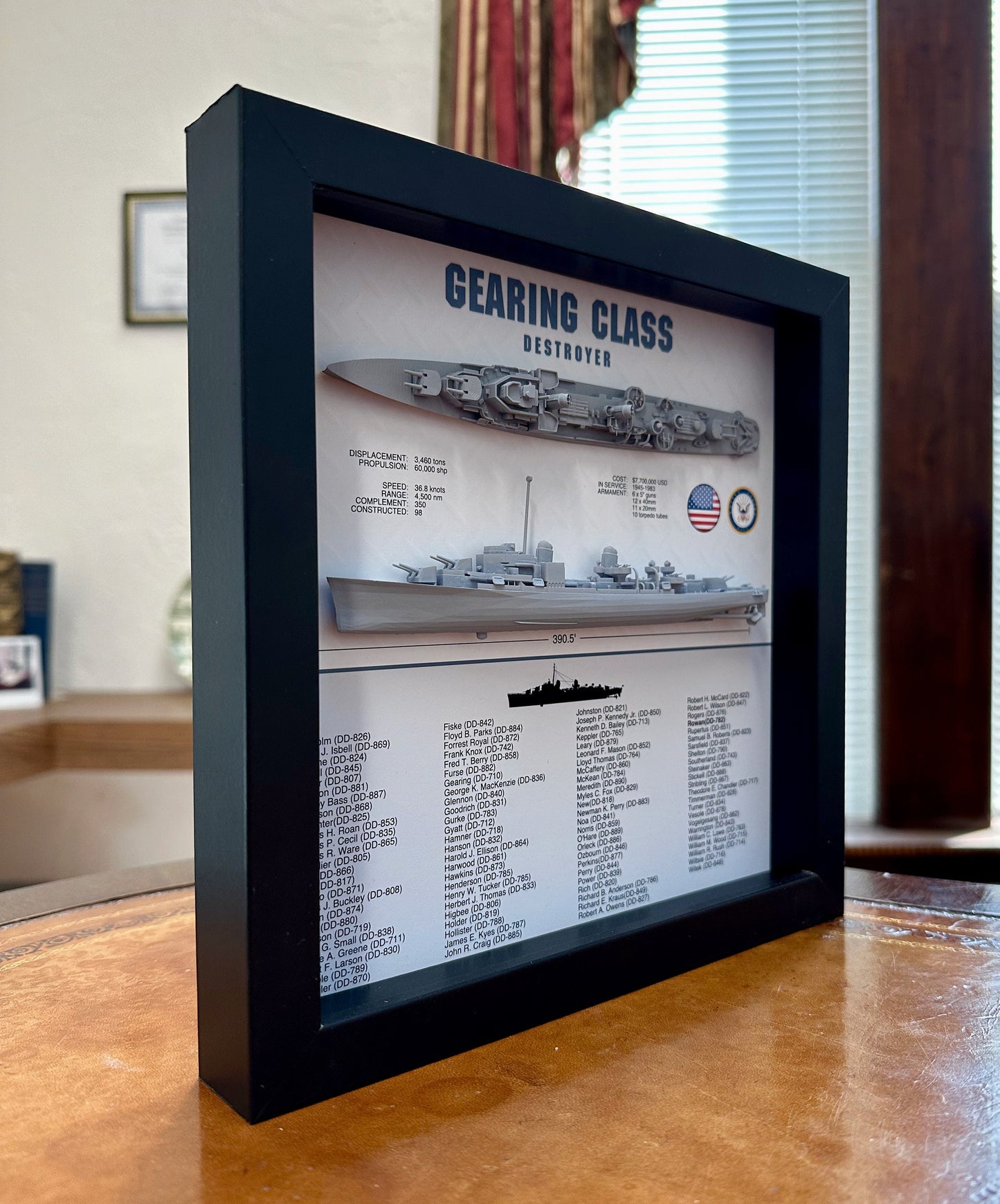 Gearing Class Destroyer Memorial Display Shadow Box, WW2, 9" x 9", Black