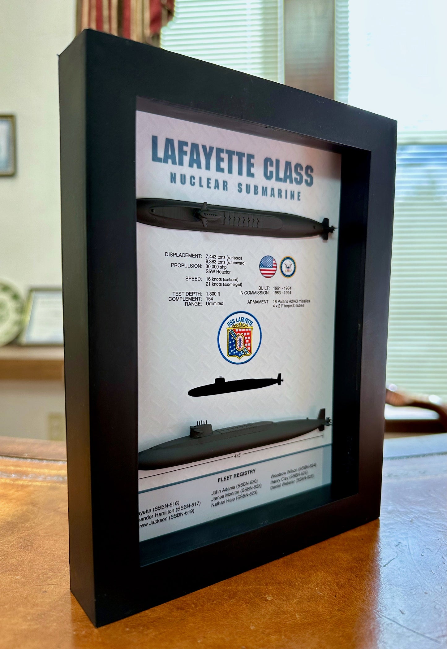 Lafayette Class Submarine Memorial Display Shadow Box, 6" x 8", Black