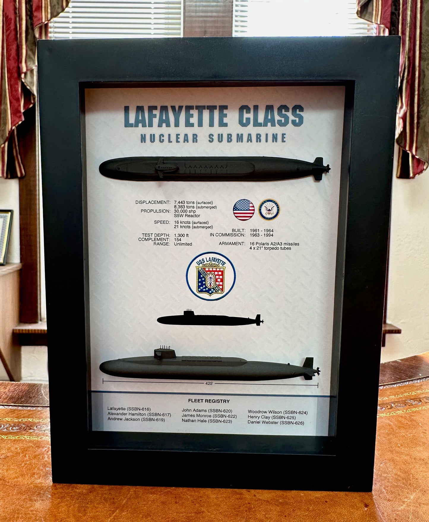 Lafayette Class Submarine Memorial Display Shadow Box, 6" x 8", Black