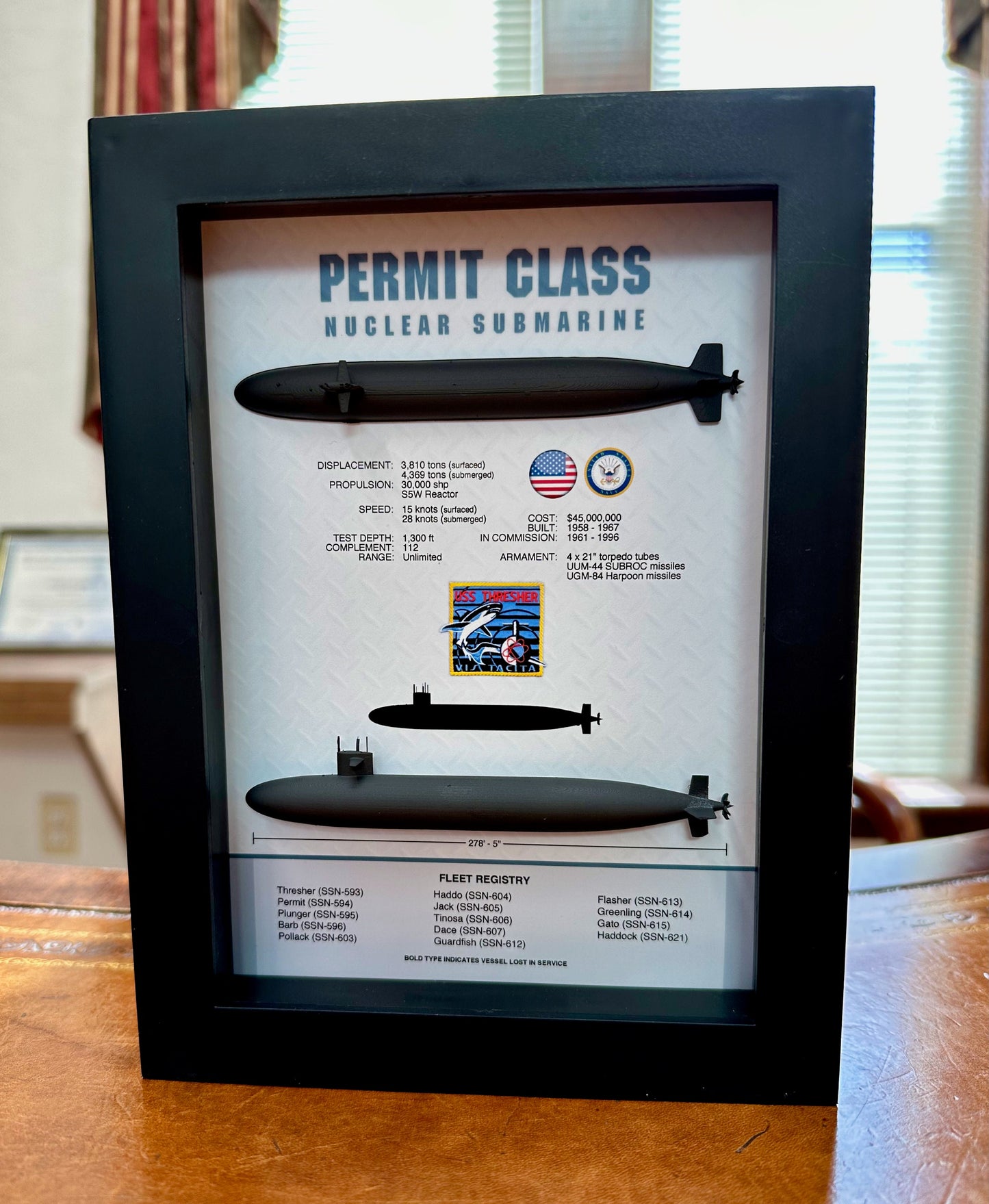 Permit Class Submarine Memorial Display Shadow Box, Thresher Class, 6" x 8", Black