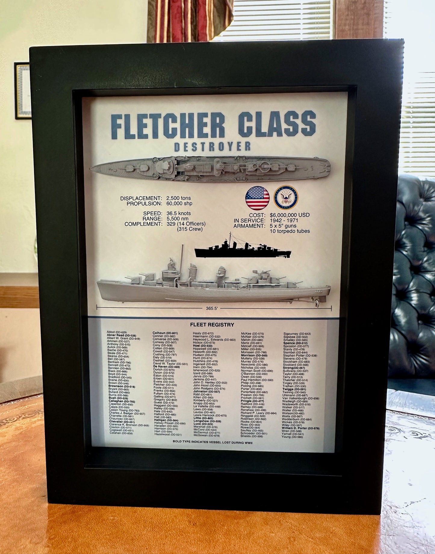 Fletcher Class Destroyer Memorial Display Shadow Box, WW2, 6" x 8", Black