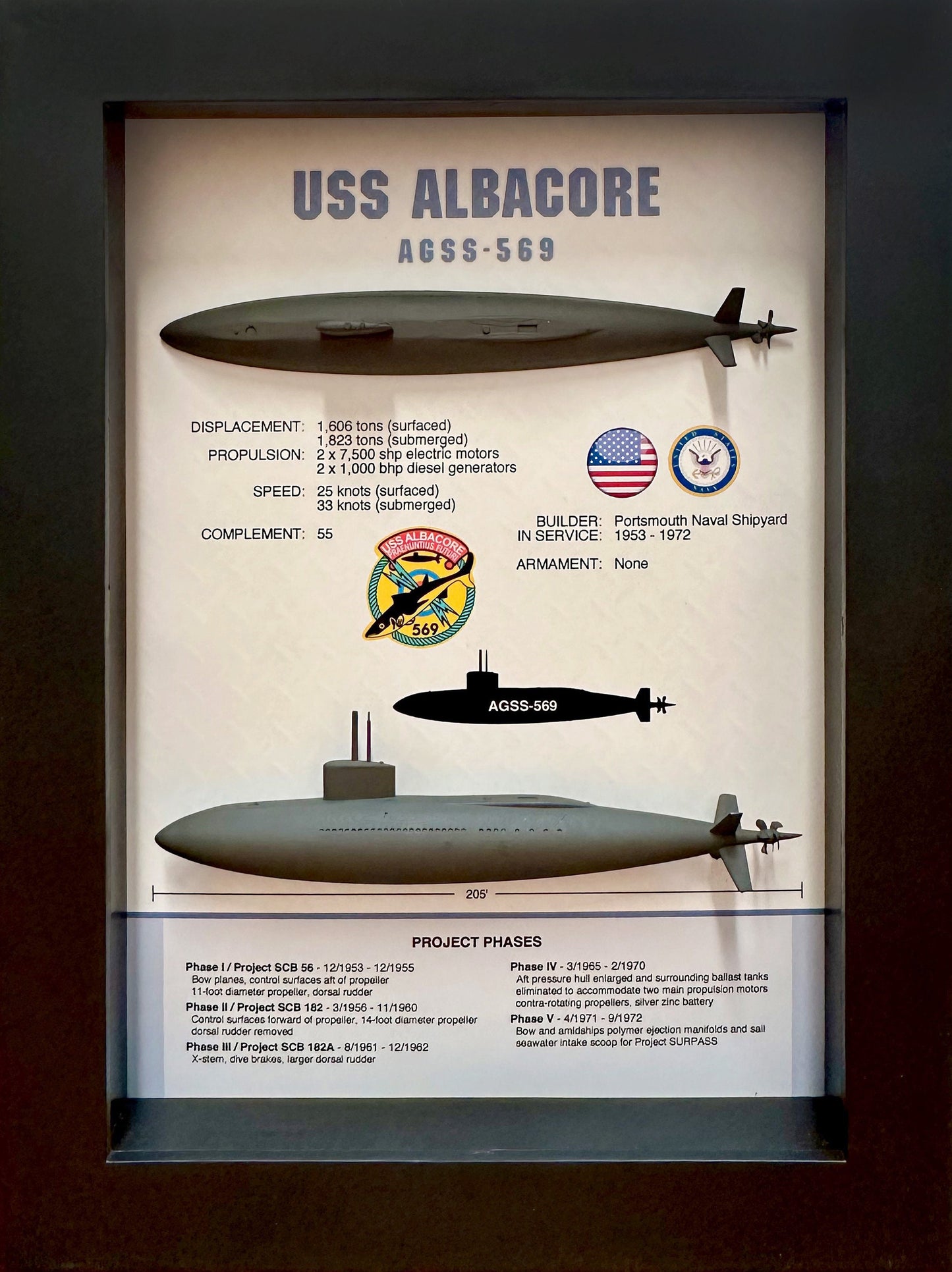 USS Albacore Submarine Memorial Display Shadow Box, AGSS-569, 6" x 8", Black