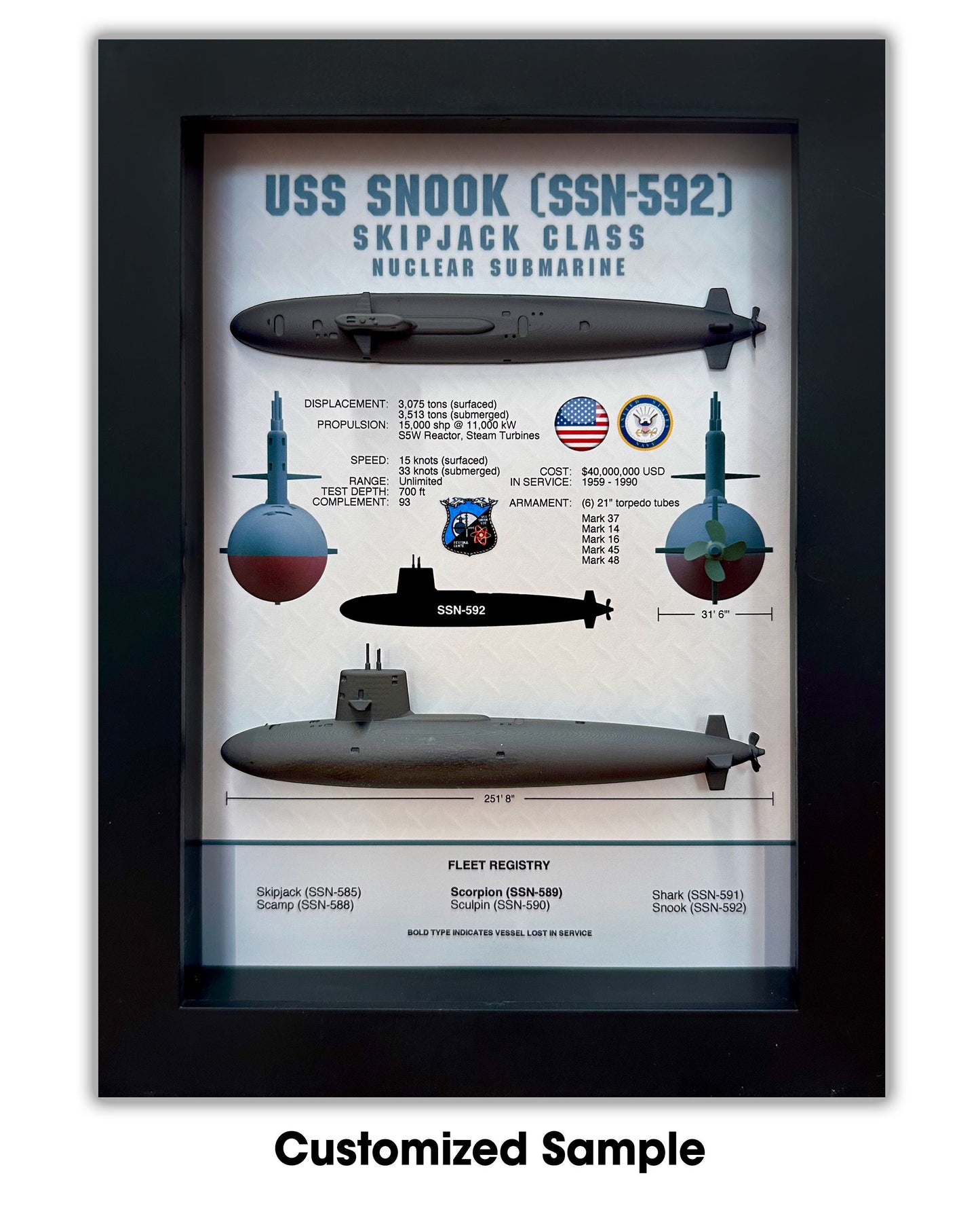 Skipjack Class Submarine Memorial Display Shadow Box, 6" x 8", Black