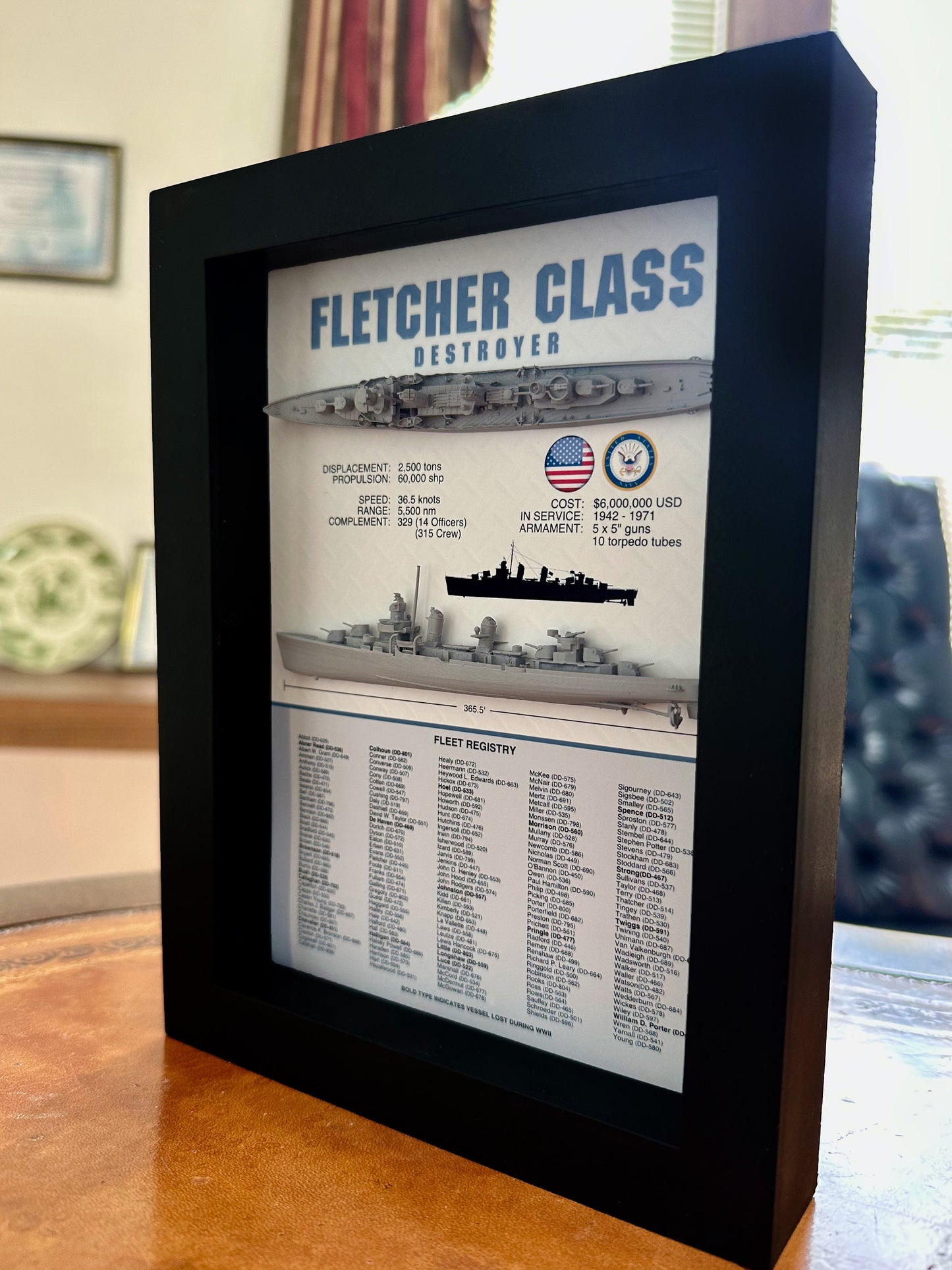 Fletcher Class Destroyer Memorial Display Shadow Box, WW2, 6" x 8", Black