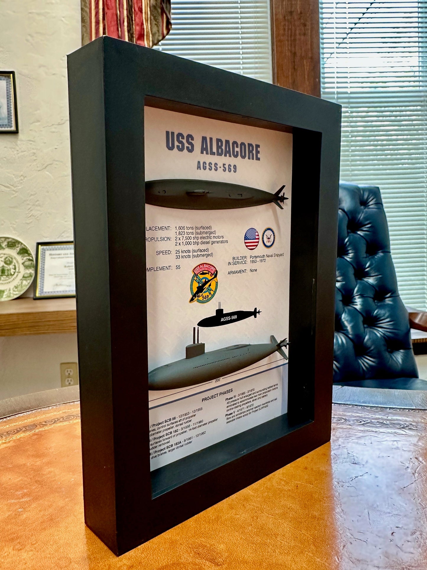USS Albacore Submarine Memorial Display Shadow Box, AGSS-569, 6" x 8", Black