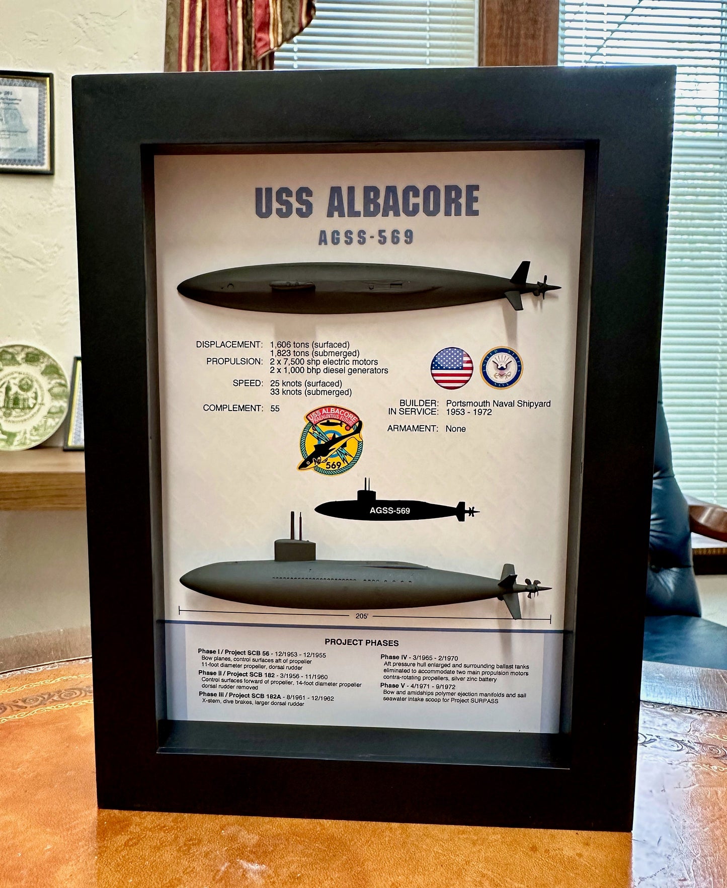 USS Albacore Submarine Memorial Display Shadow Box, AGSS-569, 6" x 8", Black