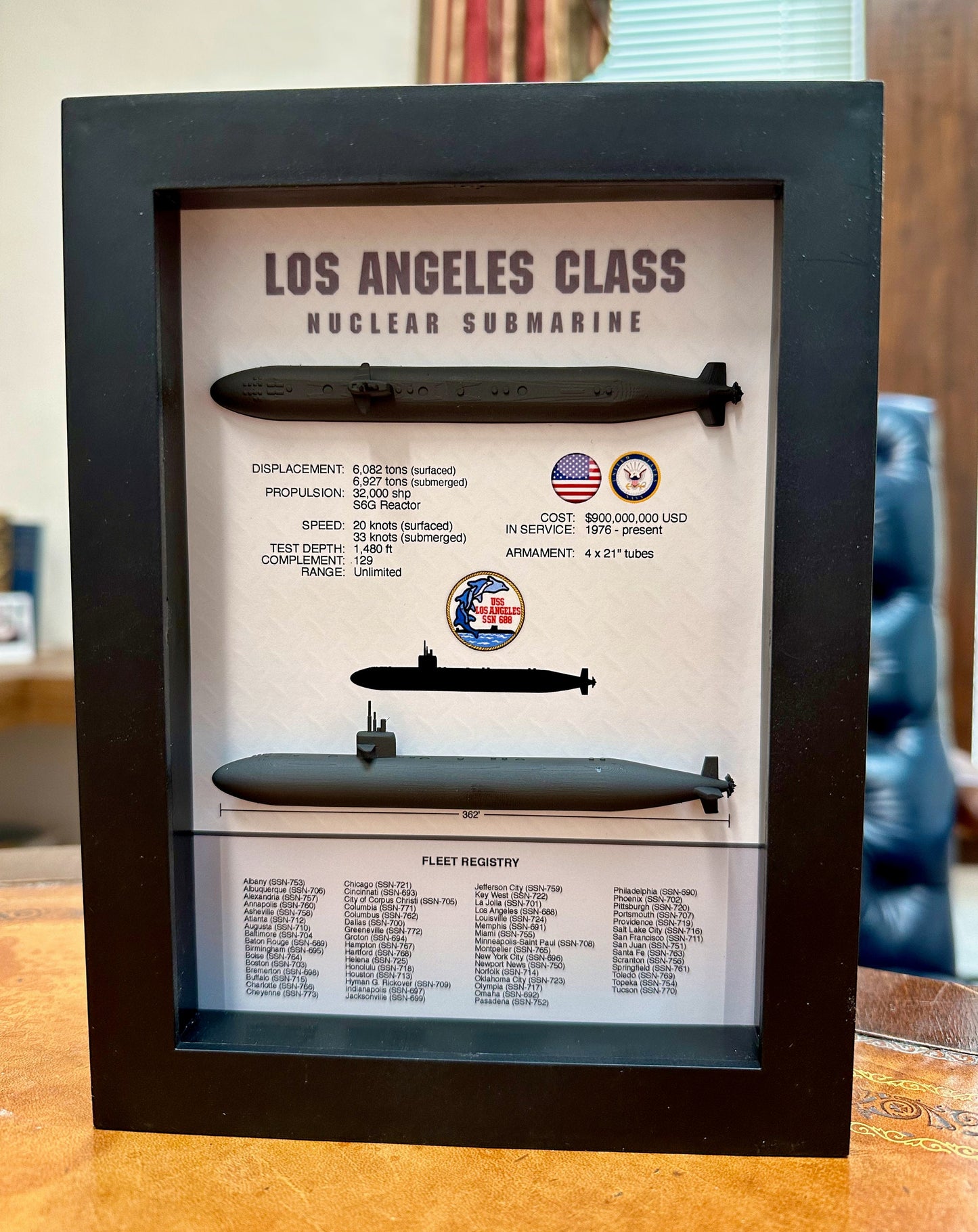 Los Angeles Class Submarine Memorial Display Shadow Box, 6" x 8", Black, 688