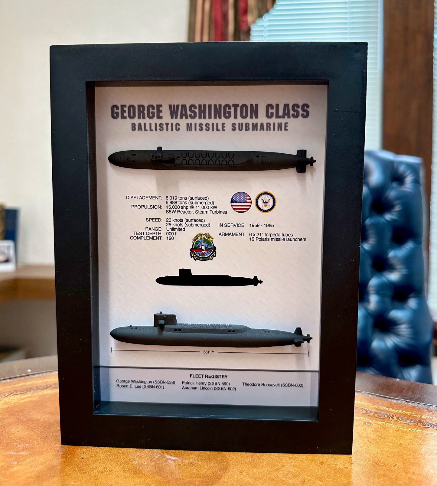 George Washington Class, 598 Class, Submarine Memorial Display Shadow Box, 6" x 8", Black