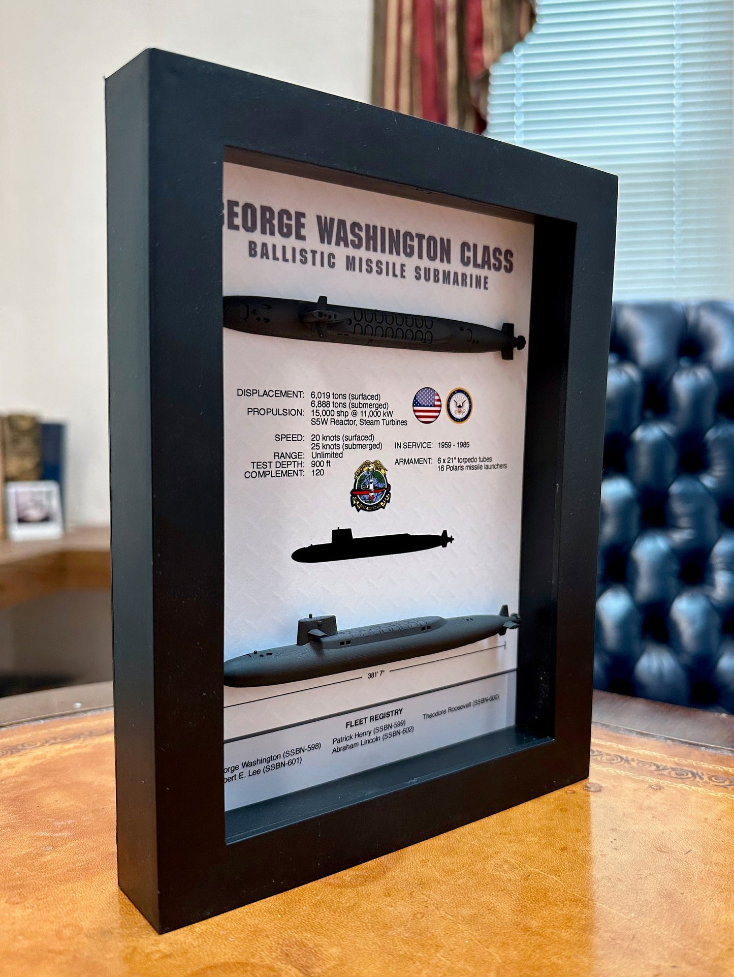 George Washington Class, 598 Class, Submarine Memorial Display Shadow Box, 6" x 8", Black