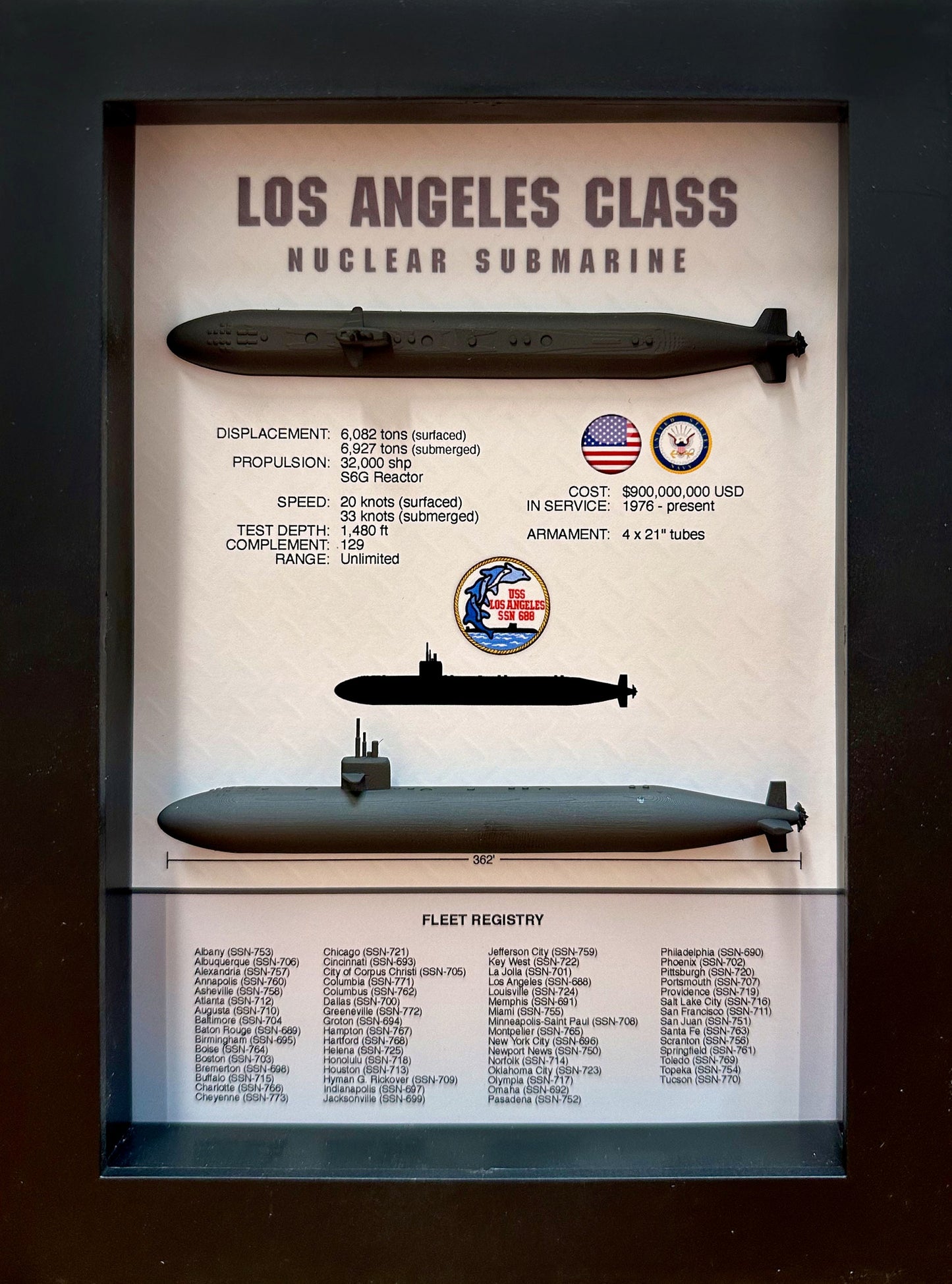 Los Angeles Class Submarine Memorial Display Shadow Box, 6" x 8", Black, 688