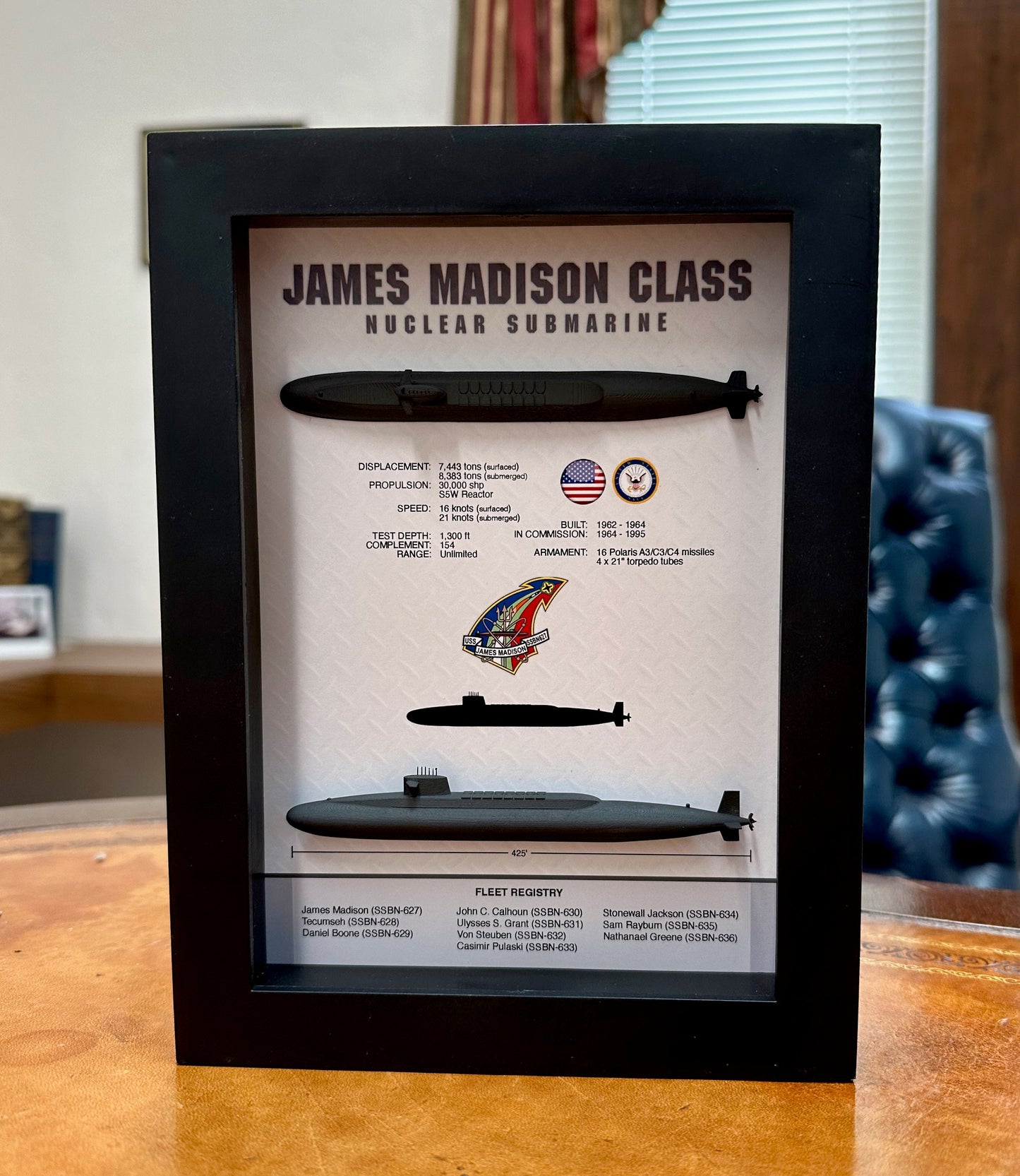 James Madison Class, Submarine Memorial Display Shadow Box, 6" x 8", Black