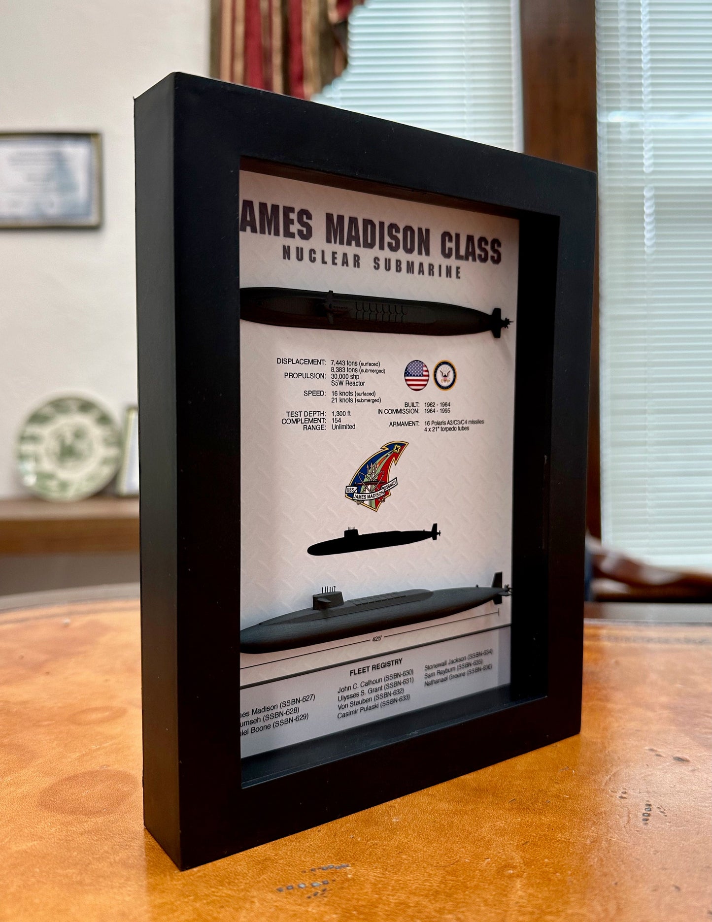 James Madison Class, Submarine Memorial Display Shadow Box, 6" x 8", Black