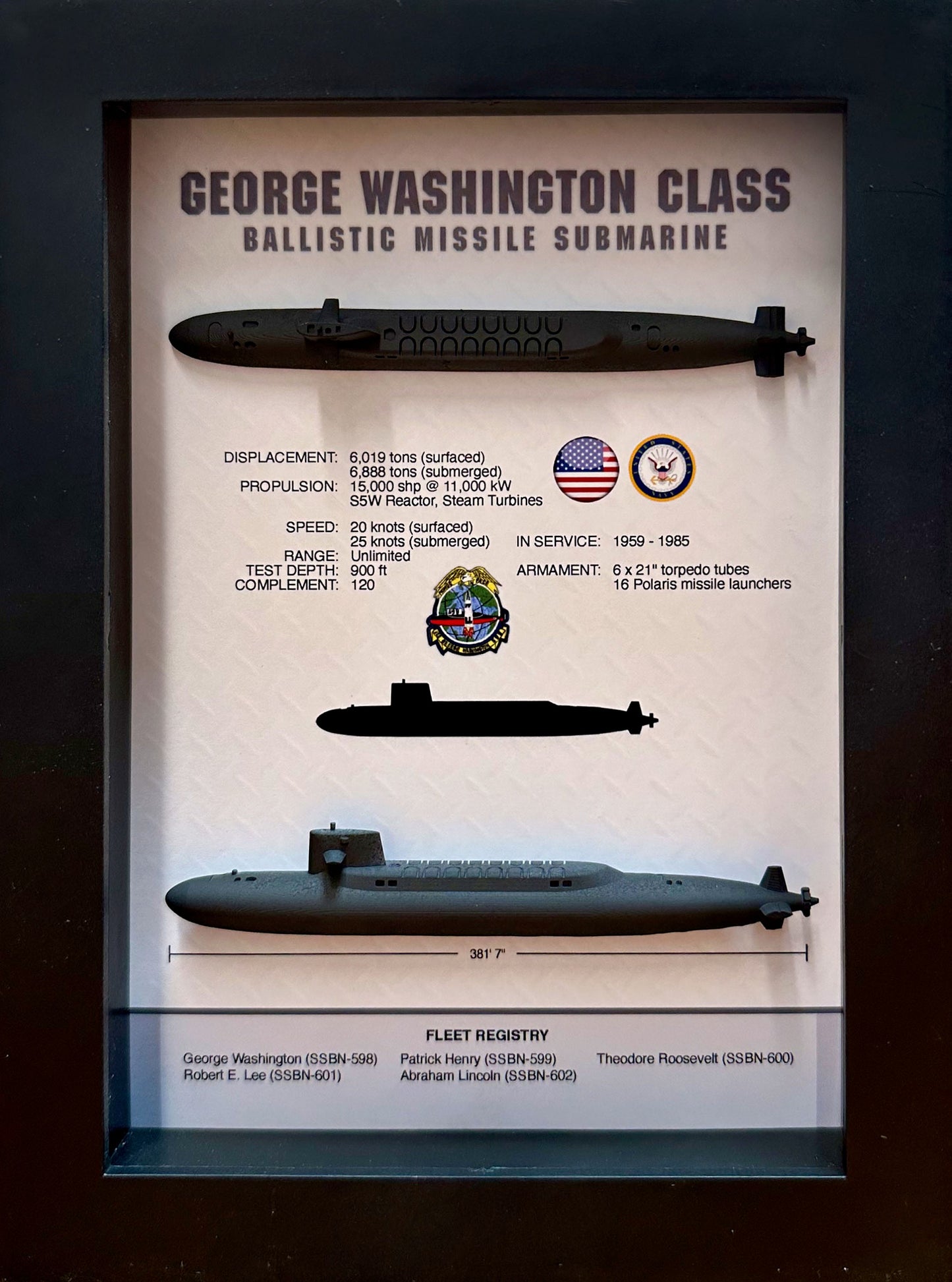 George Washington Class, 598 Class, Submarine Memorial Display Shadow Box, 6" x 8", Black