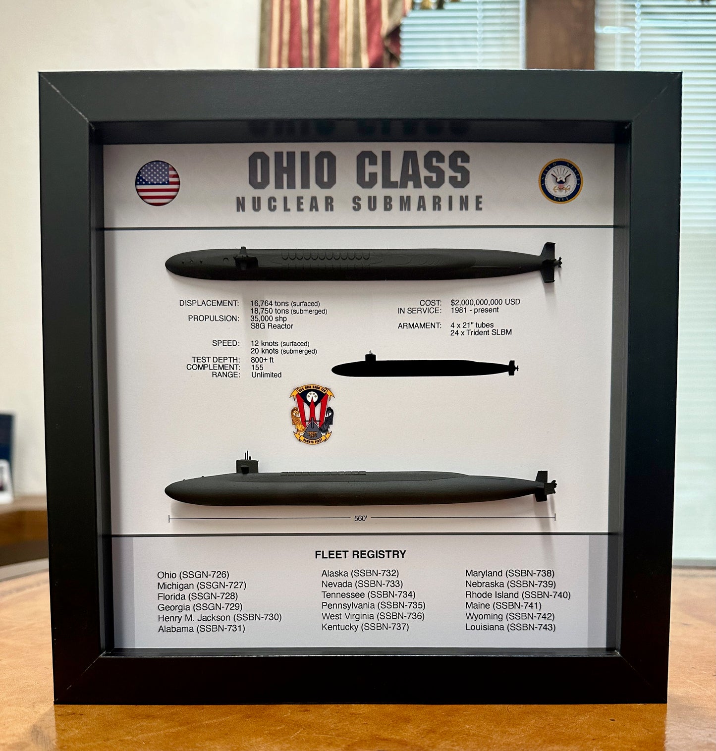 Ohio Class Submarine Memorial Display Shadow Box, 9" x 9", Large, Black