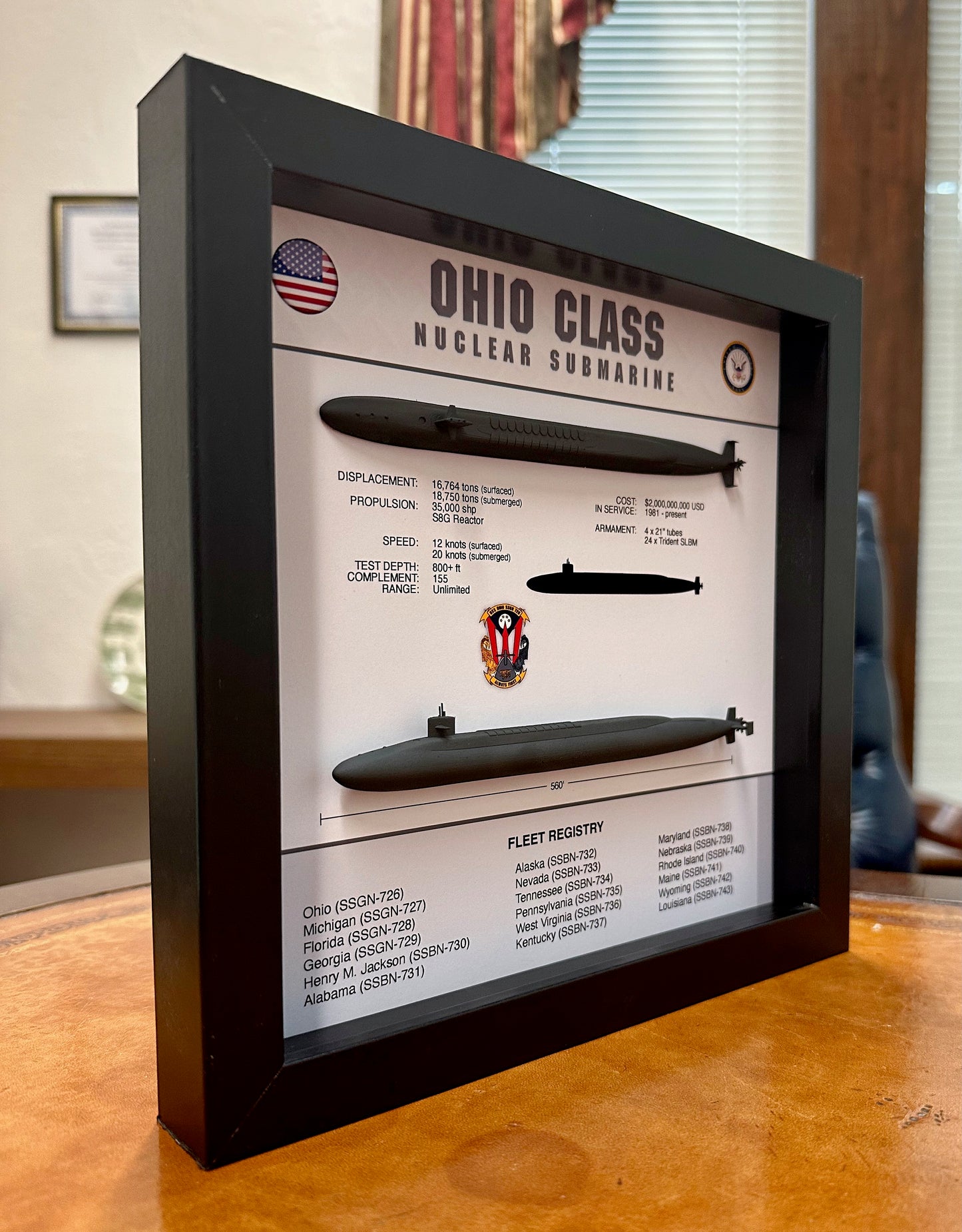 Ohio Class Submarine Memorial Display Shadow Box, 9" x 9", Large, Black