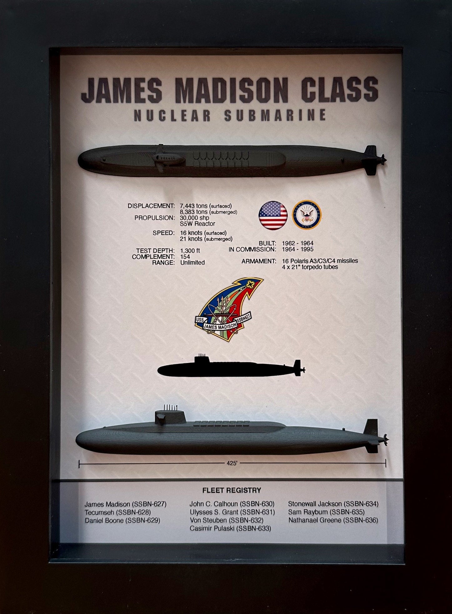 James Madison Class, Submarine Memorial Display Shadow Box, 6" x 8", Black