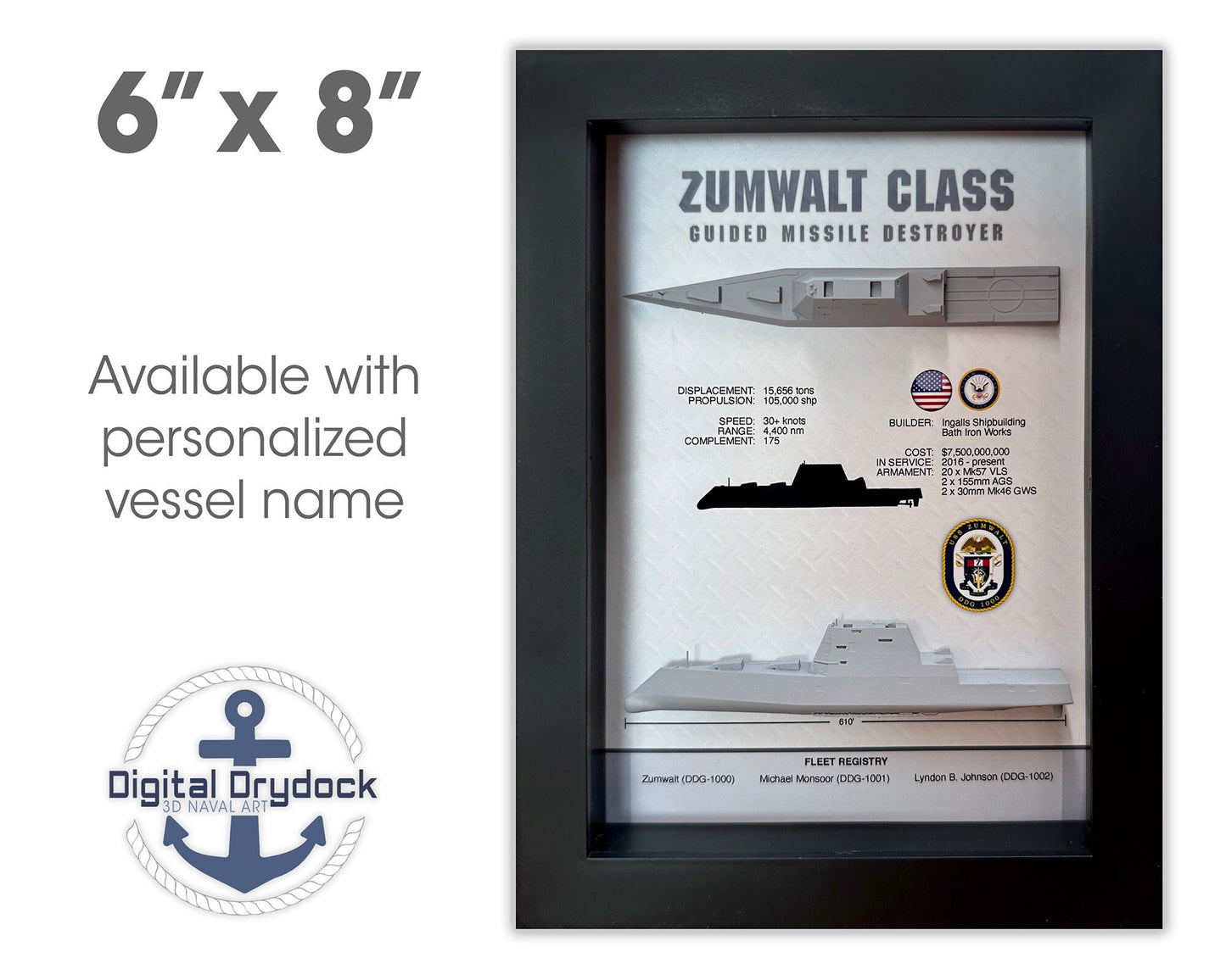 Zumwalt Class, Guided Missile Destroyer Memorial Display Shadow Box, 6" x 8", Black