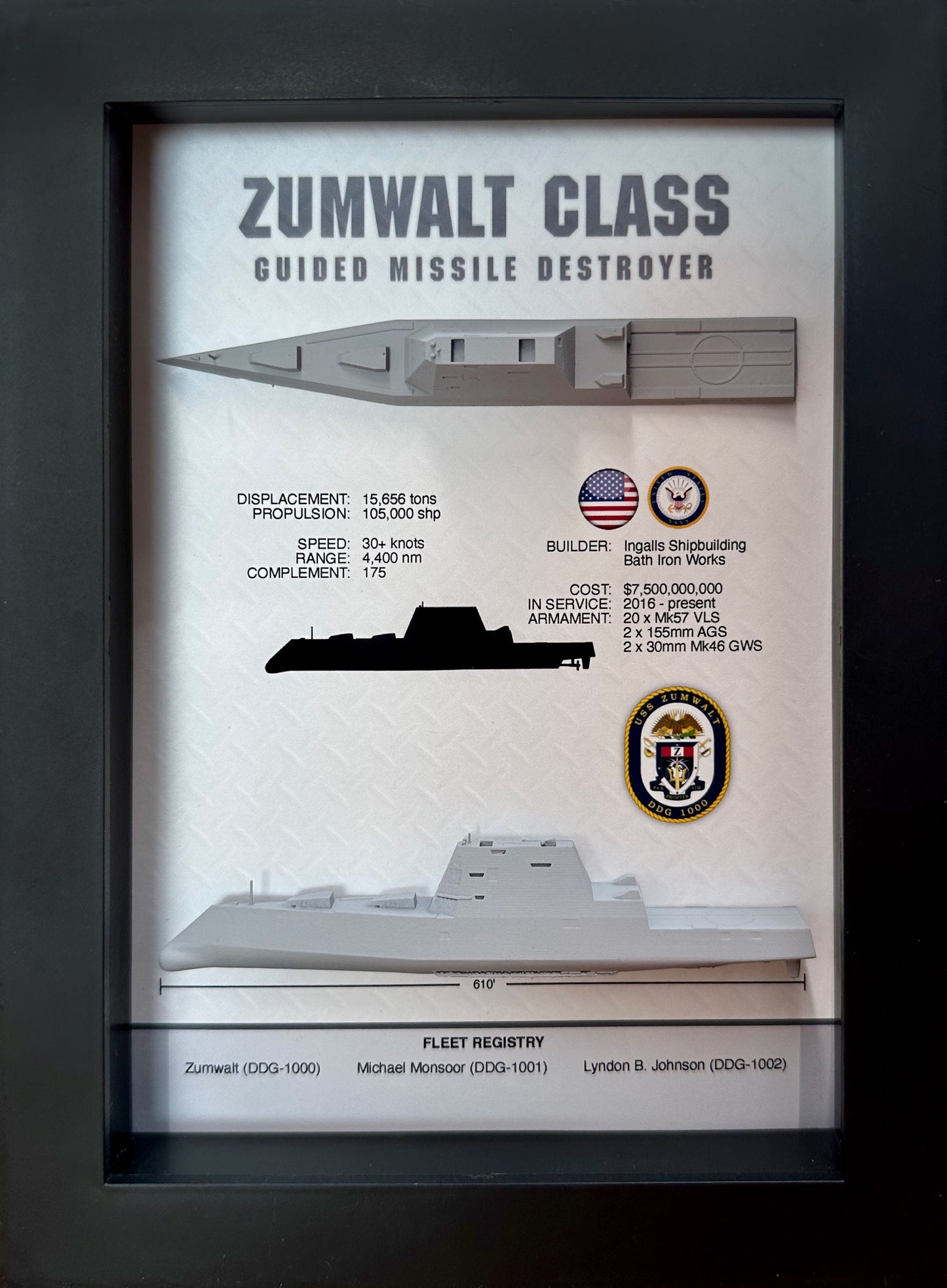 Zumwalt Class, Guided Missile Destroyer Memorial Display Shadow Box, 6" x 8", Black