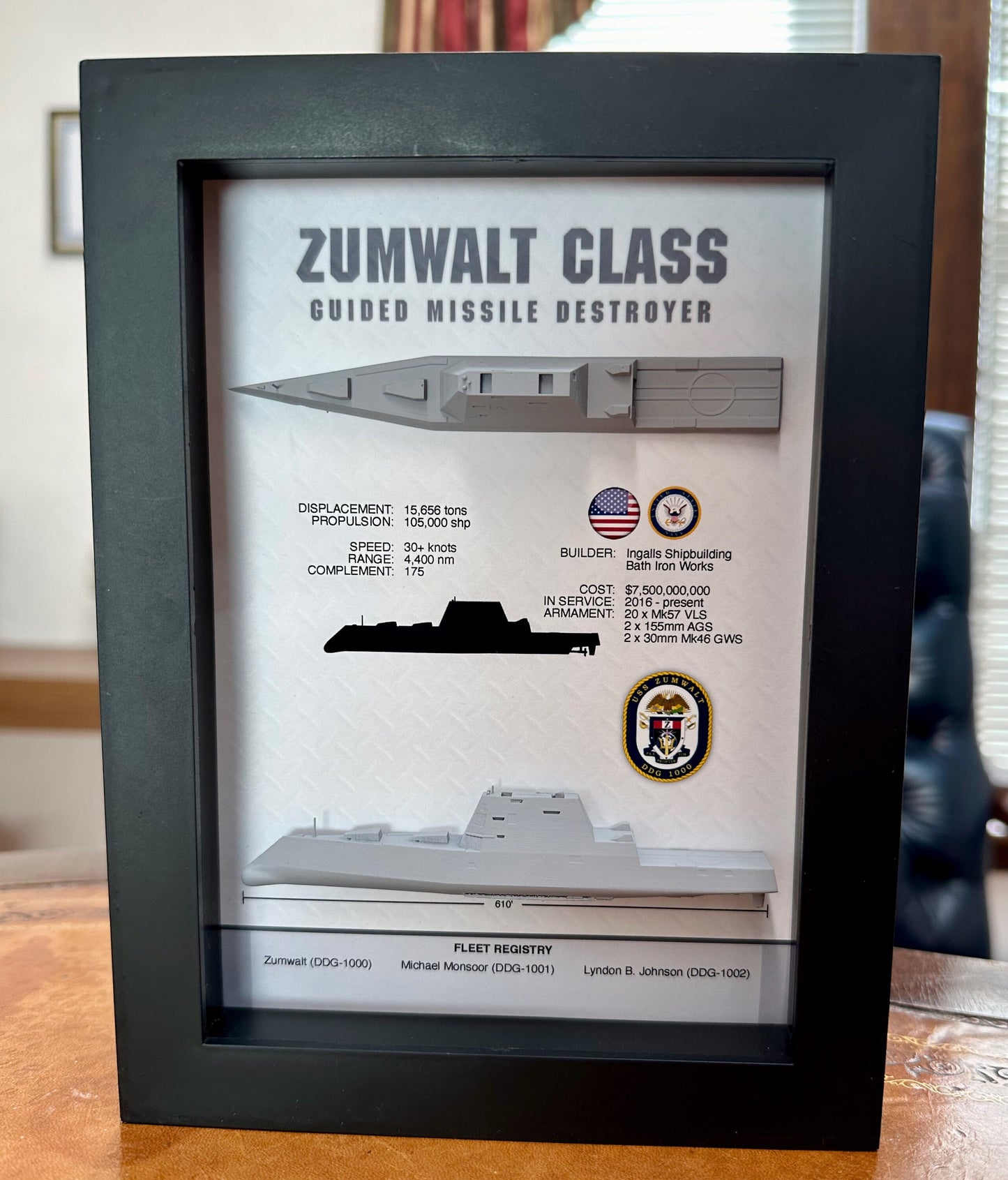 Zumwalt Class, Guided Missile Destroyer Memorial Display Shadow Box, 6" x 8", Black