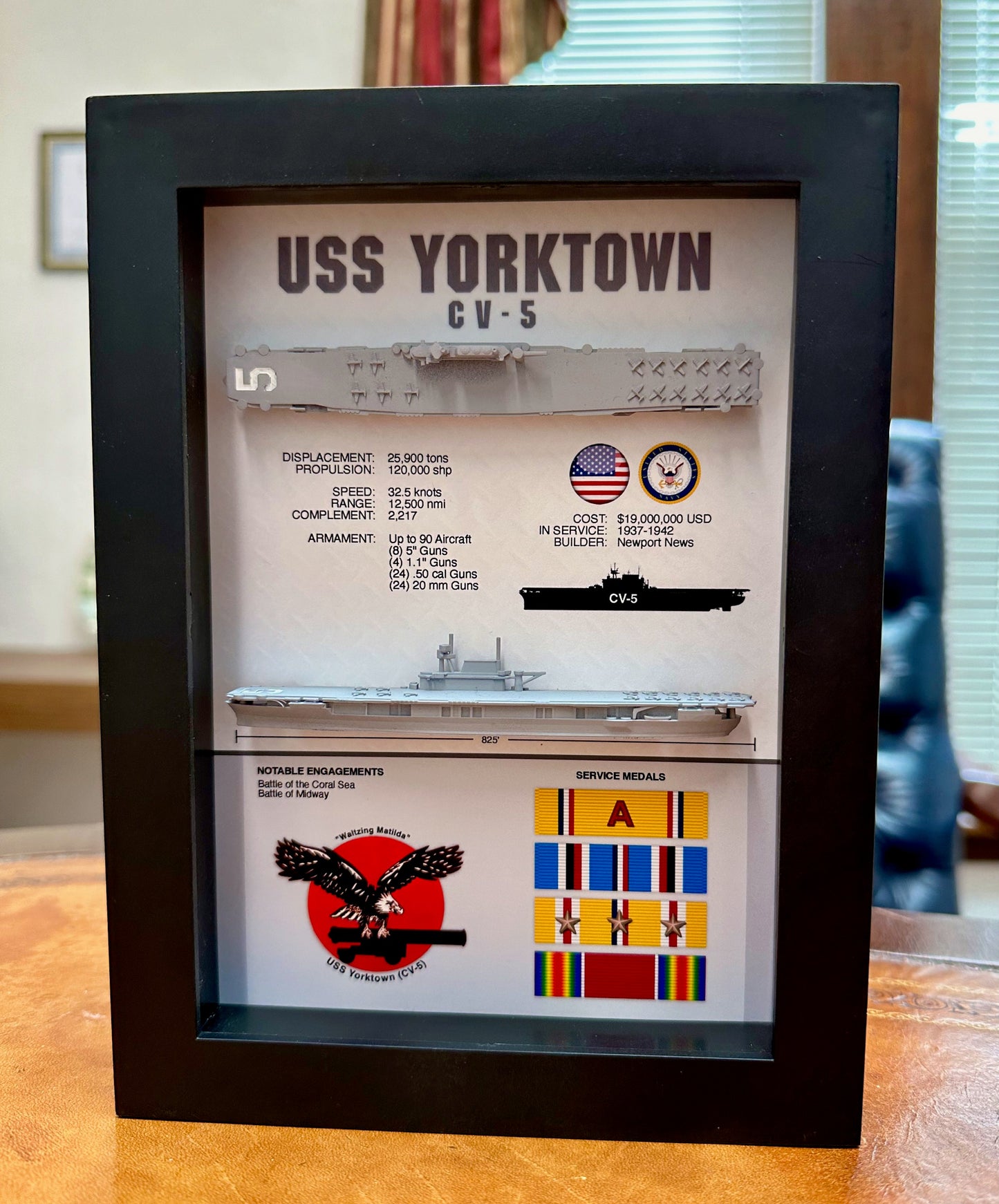 USS Yorktown Memorial Display Shadow Box, CV-5, 6" x 8", Black