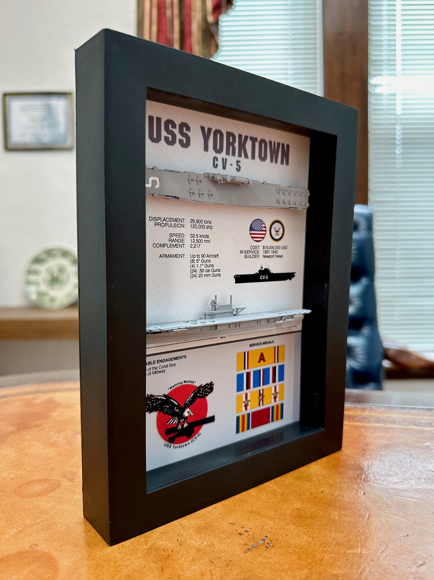 USS Yorktown Memorial Display Shadow Box, CV-5, 6" x 8", Black