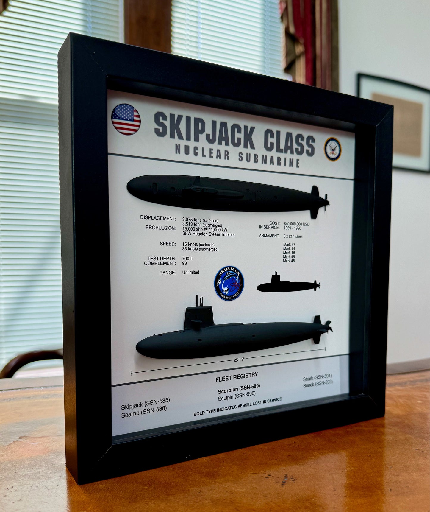 Skipjack Class Submarine Memorial Display Shadow Box, 9" x 9", Black