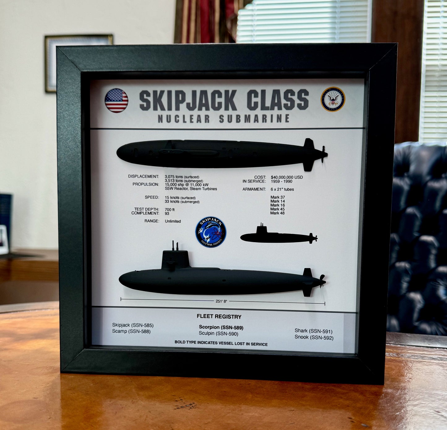 Skipjack Class Submarine Memorial Display Shadow Box, 9" x 9", Black