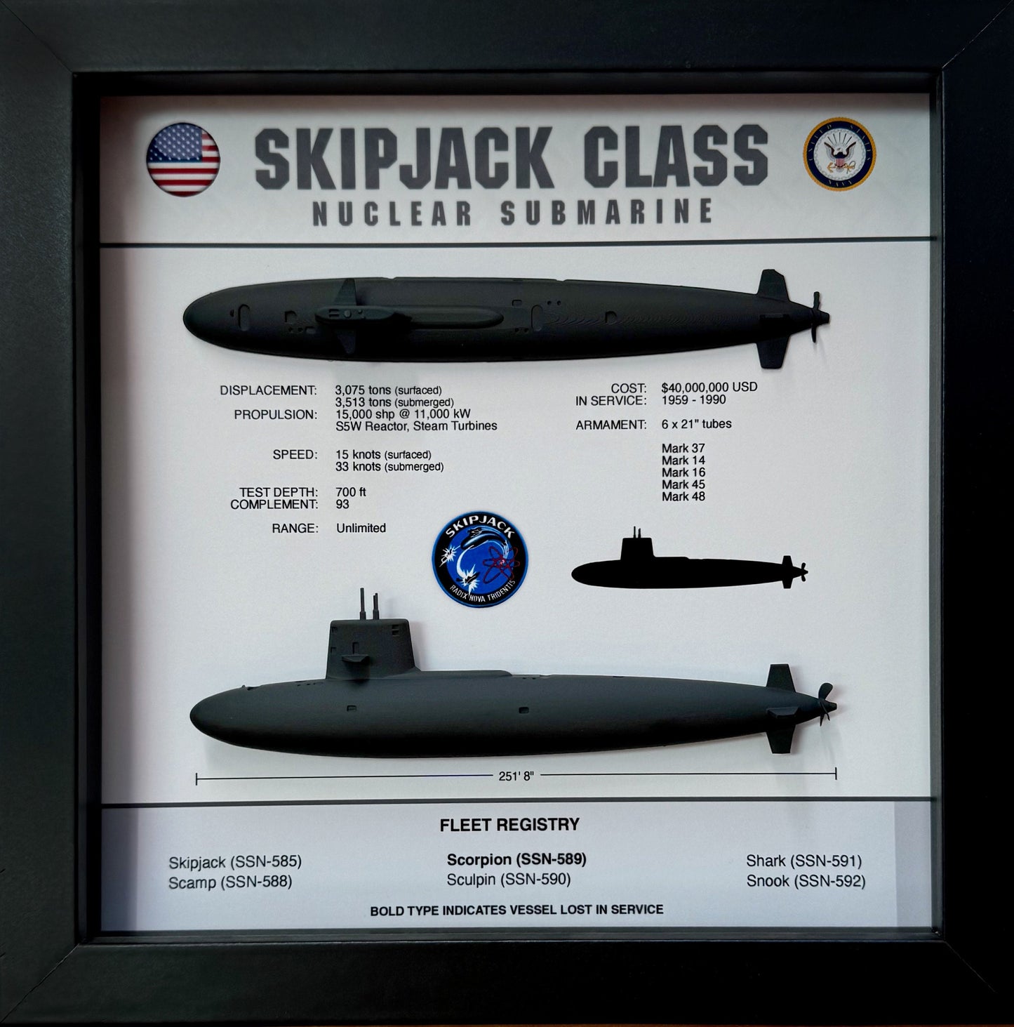 Skipjack Class Submarine Memorial Display Shadow Box, 9" x 9", Black
