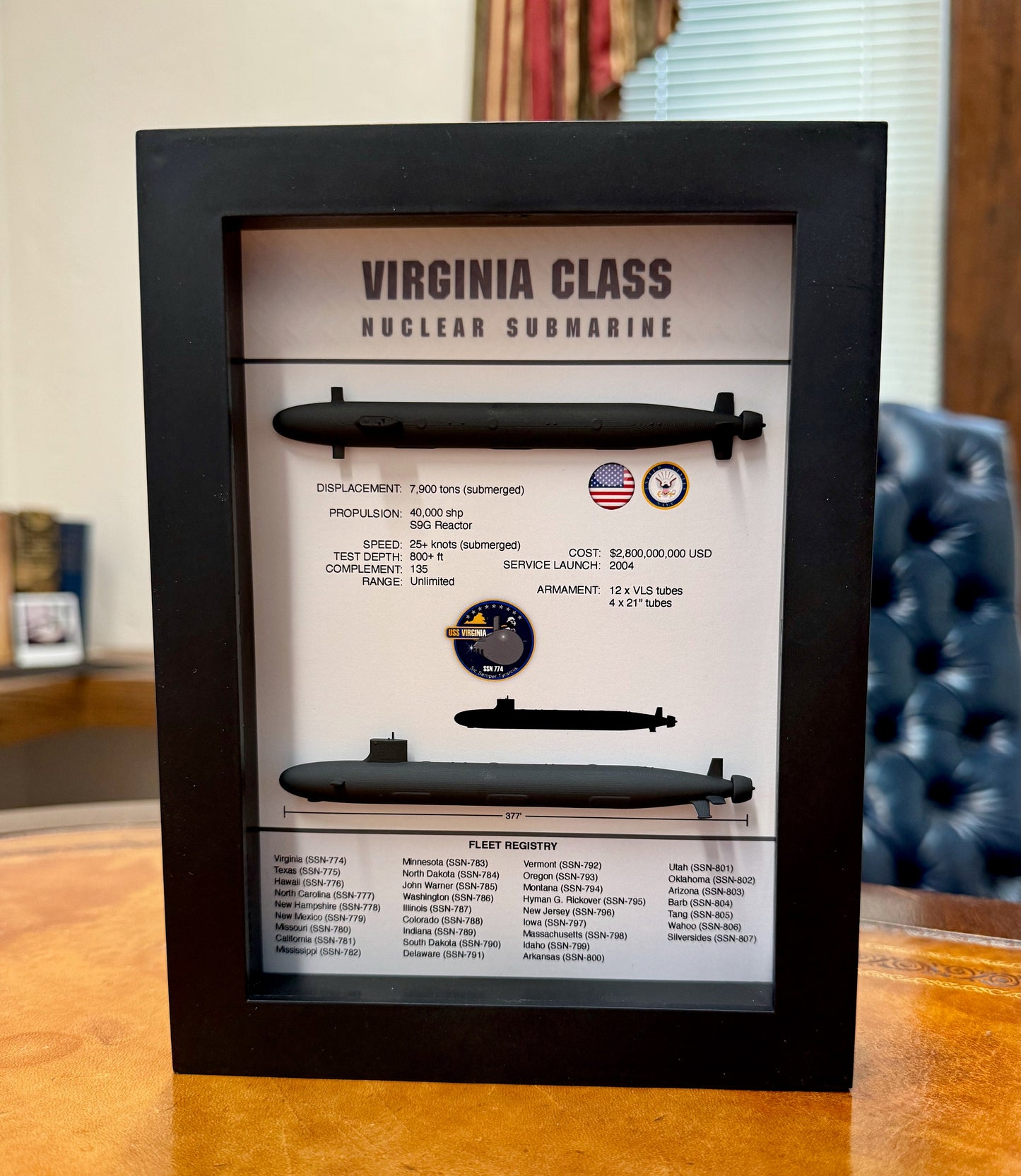 Virginia Class Submarine Memorial Display Shadow Box, SSN-774, 6" x 8", Black